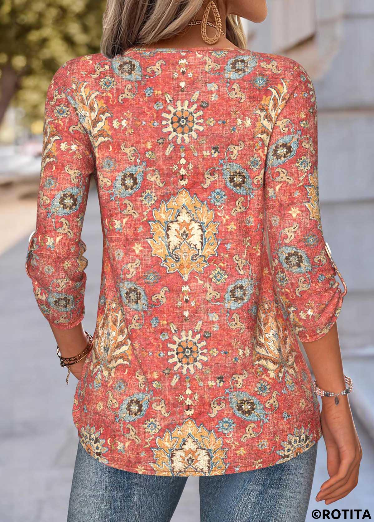 Coral tops,Tribal tops,ROTITA Tummy Coverage Tribal Print Coral V Neck Blouse