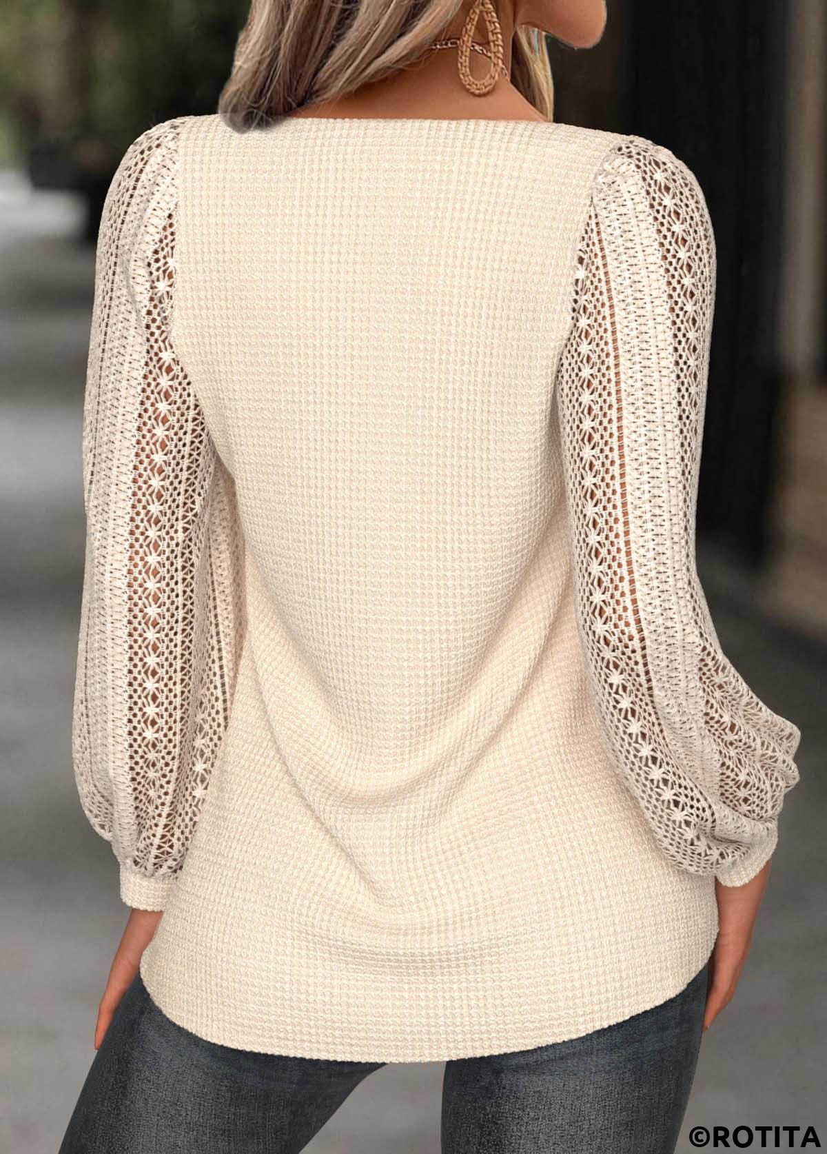 Beige tops,Plain Color tops,ROTITA Beige Heart Collar Long Sleeve T Shirt