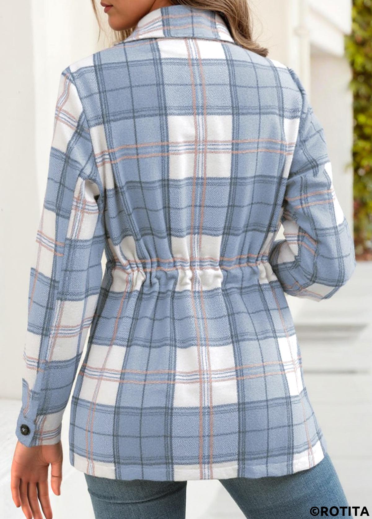 Light Blue tops,Plaid tops,Geometric tops,ROTITA Tummy Coverage Plaid Light Blue Long Sleeve Shirt