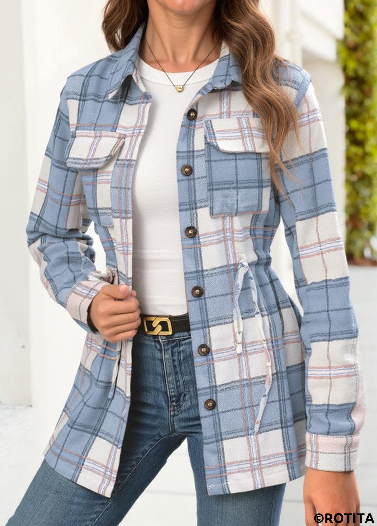 Light Blue tops,Plaid tops,Geometric tops,ROTITA Tummy Coverage Plaid Light Blue Long Sleeve Shirt
