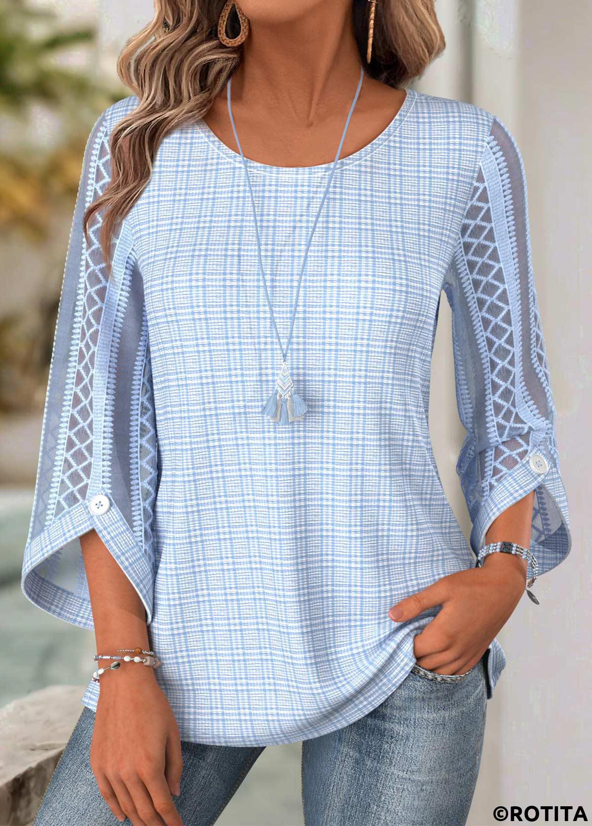 Light Blue tops,Plain Color tops,ROTITA Light Blue Round Neck 3/4 Sleeve Blouse