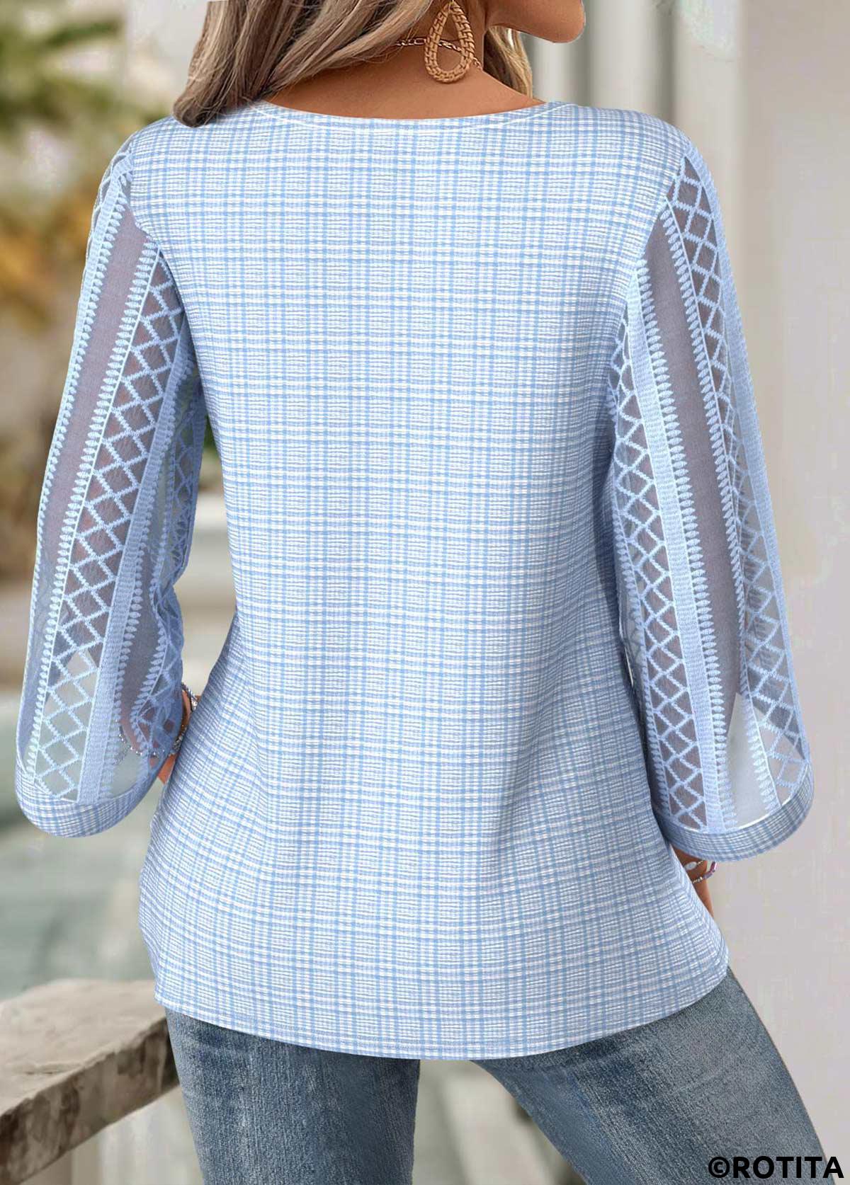 Light Blue tops,Plain Color tops,ROTITA Light Blue Round Neck 3/4 Sleeve Blouse