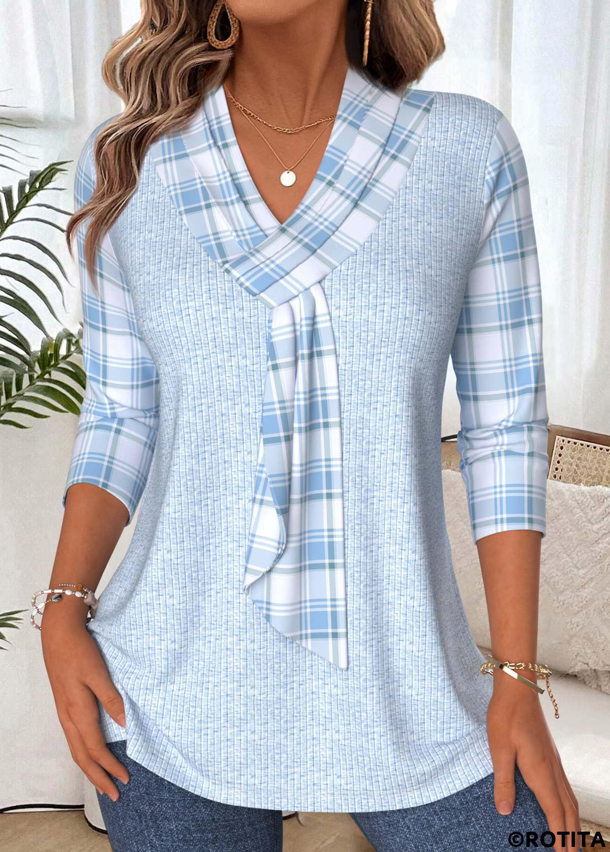 Light Blue tops,Plaid tops,Geometric tops,ROTITA Plaid Light Blue V Neck 3/4 Sleeve T Shirt
