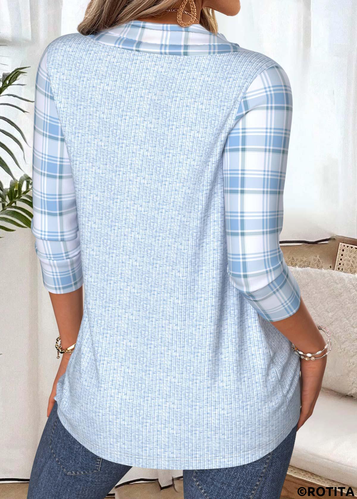 Light Blue tops,Plaid tops,Geometric tops,ROTITA Plaid Light Blue V Neck 3/4 Sleeve T Shirt