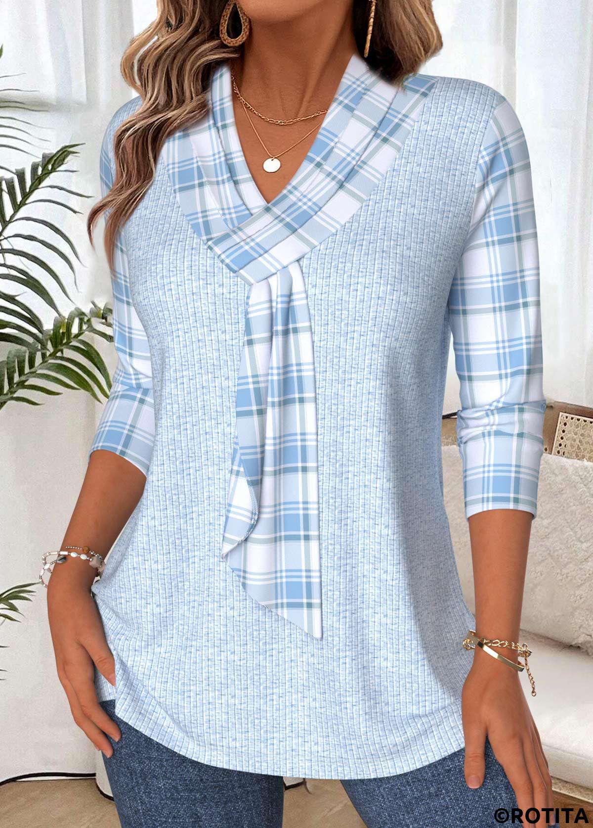 Light Blue tops,Plaid tops,Geometric tops,ROTITA Plaid Light Blue V Neck 3/4 Sleeve T Shirt
