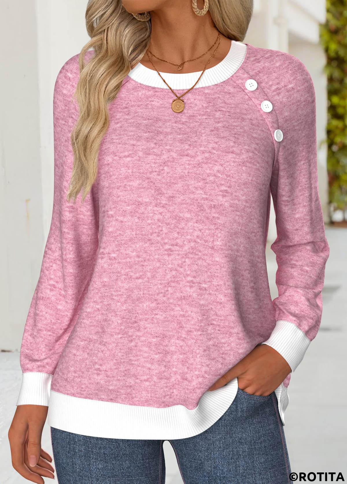 Multi Color tops,Plain Color tops,ROTITA Tummy Coverage Multi Color Round Neck Long Sleeve Sweatshirt