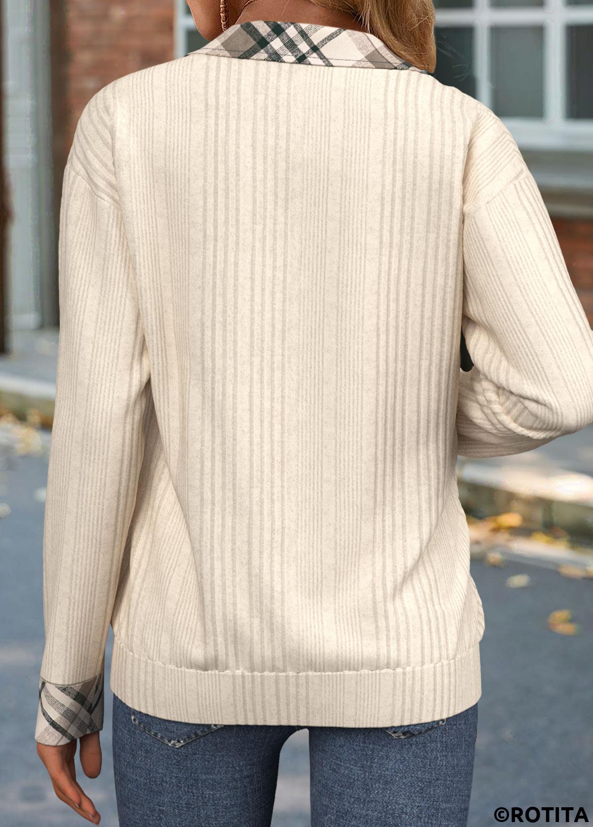 Beige tops,Plaid tops,Geometric tops,ROTITA Zipper Plaid Beige Turn Down Collar Sweatshirt