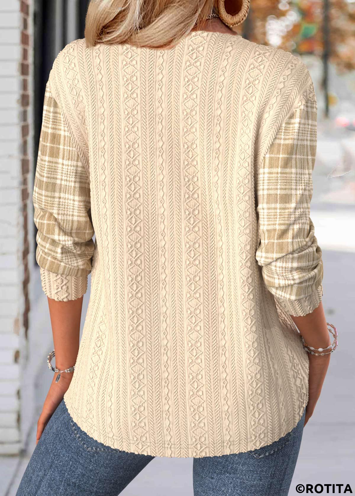 Light Coffee tops,Plaid tops,Geometric tops,ROTITA Plaid Light Coffee Split Neck Long Sleeve Sweatshirt