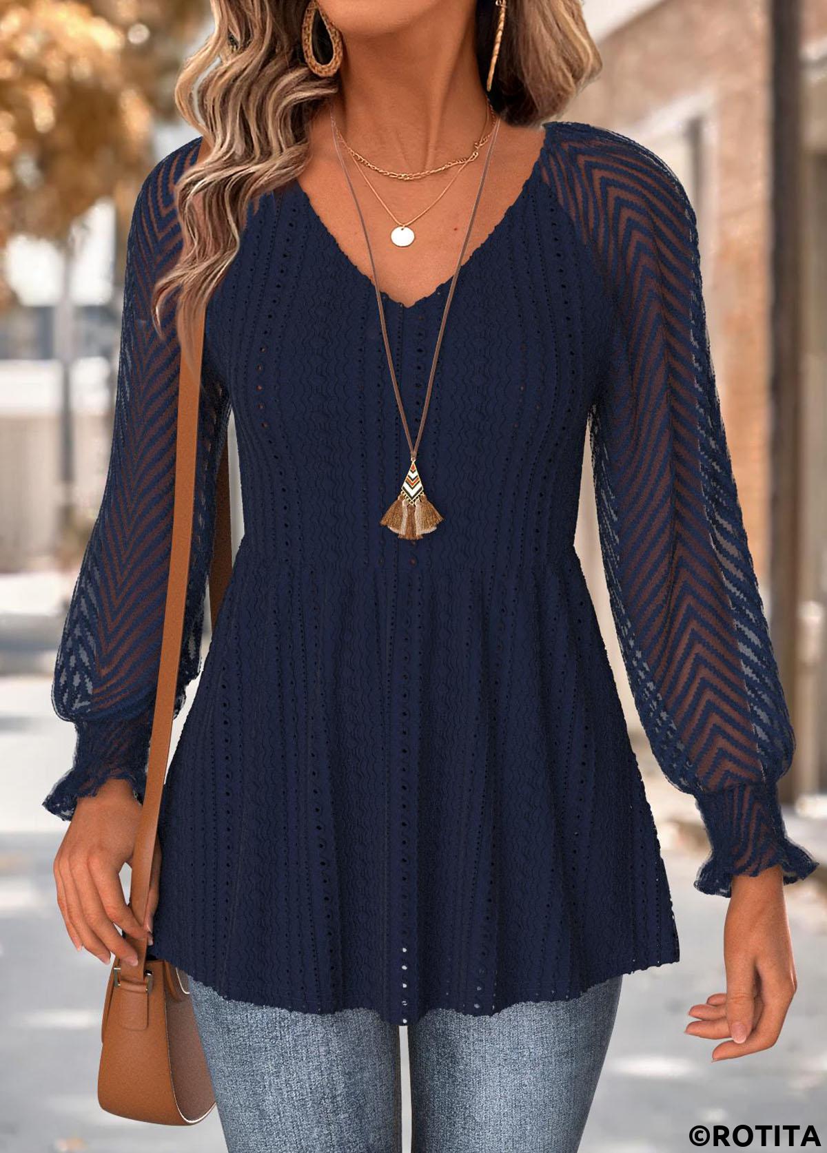 Navy tops,Plain Color tops,ROTITA Peplum Navy V Neck Long Sleeve T Shirt