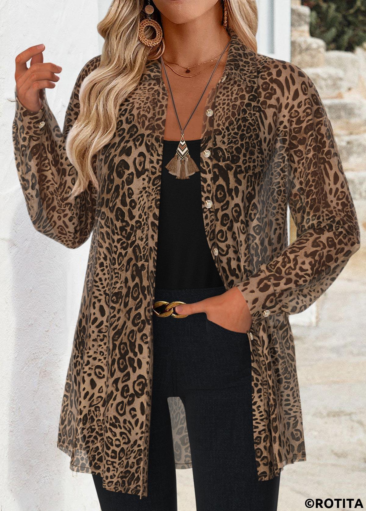 Light Coffee tops,Leopard tops,Animal Print tops,ROTITA Tummy Coverage Leopard Light Coffee Long Sleeve Shirt