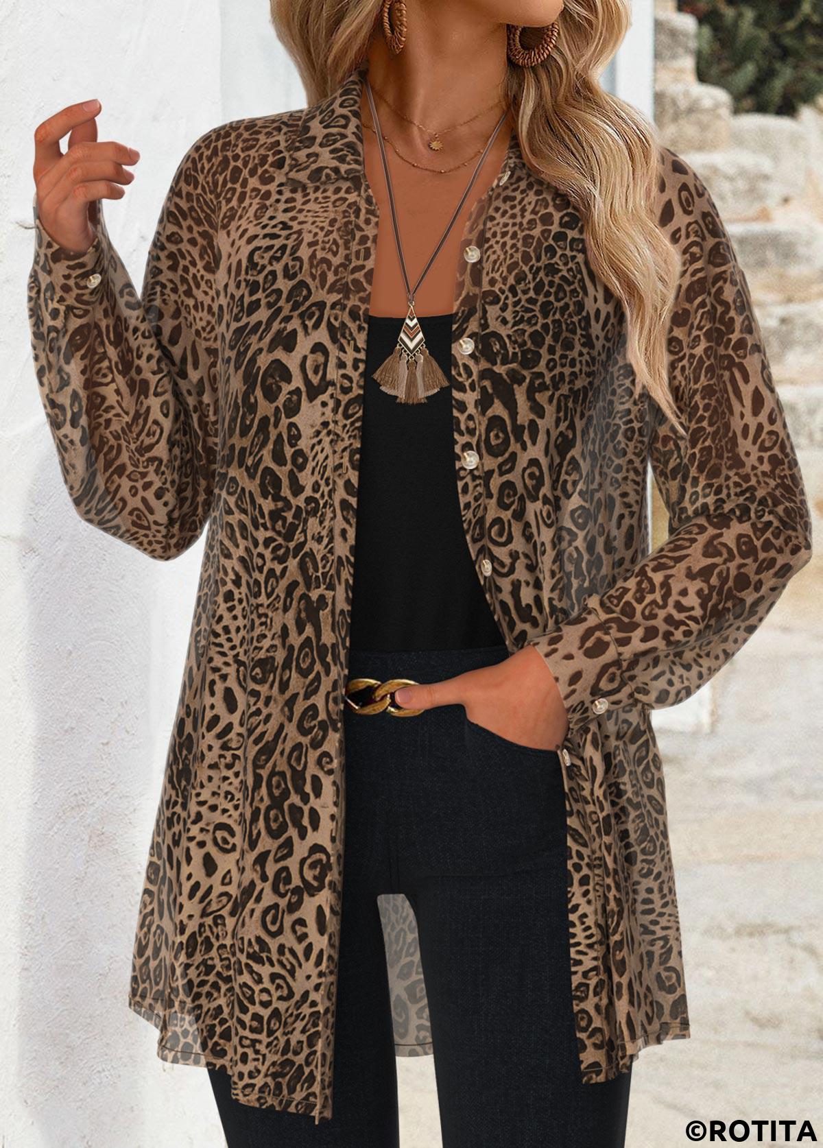 Light Coffee tops,Leopard tops,Animal Print tops,ROTITA Tummy Coverage Leopard Light Coffee Long Sleeve Shirt