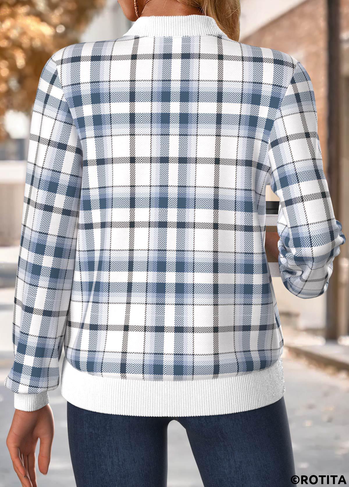 Blue tops,Plaid tops,Geometric tops,ROTITA Tummy Coverage Plaid Blue Stand Collar Long Sleeve Jacket