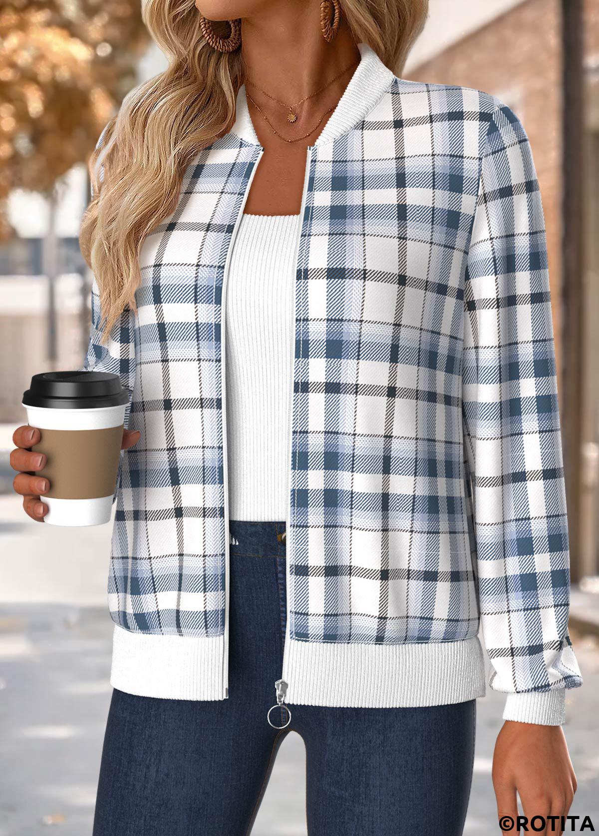 Blue tops,Plaid tops,Geometric tops,ROTITA Tummy Coverage Plaid Blue Stand Collar Long Sleeve Jacket