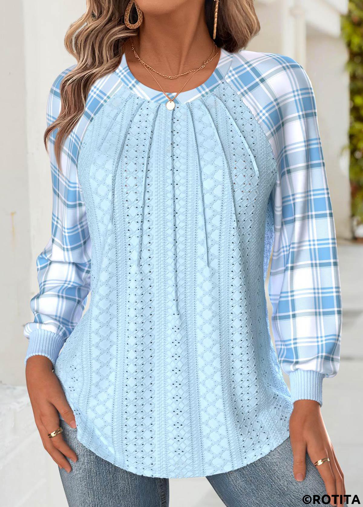 Light Blue tops,Plaid tops,Geometric tops,ROTITA Tummy Coverage Plaid Light Blue Round Neck Sweatshirt