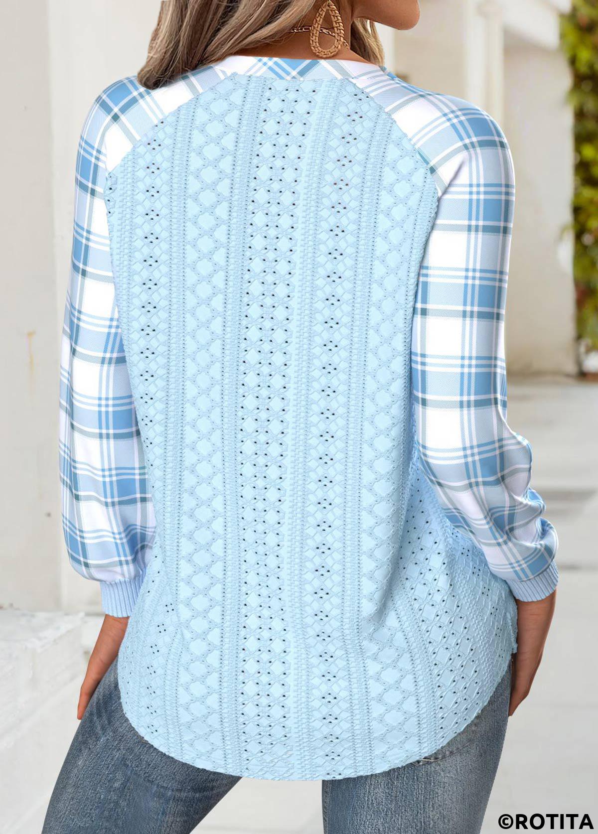 Light Blue tops,Plaid tops,Geometric tops,ROTITA Tummy Coverage Plaid Light Blue Round Neck Sweatshirt