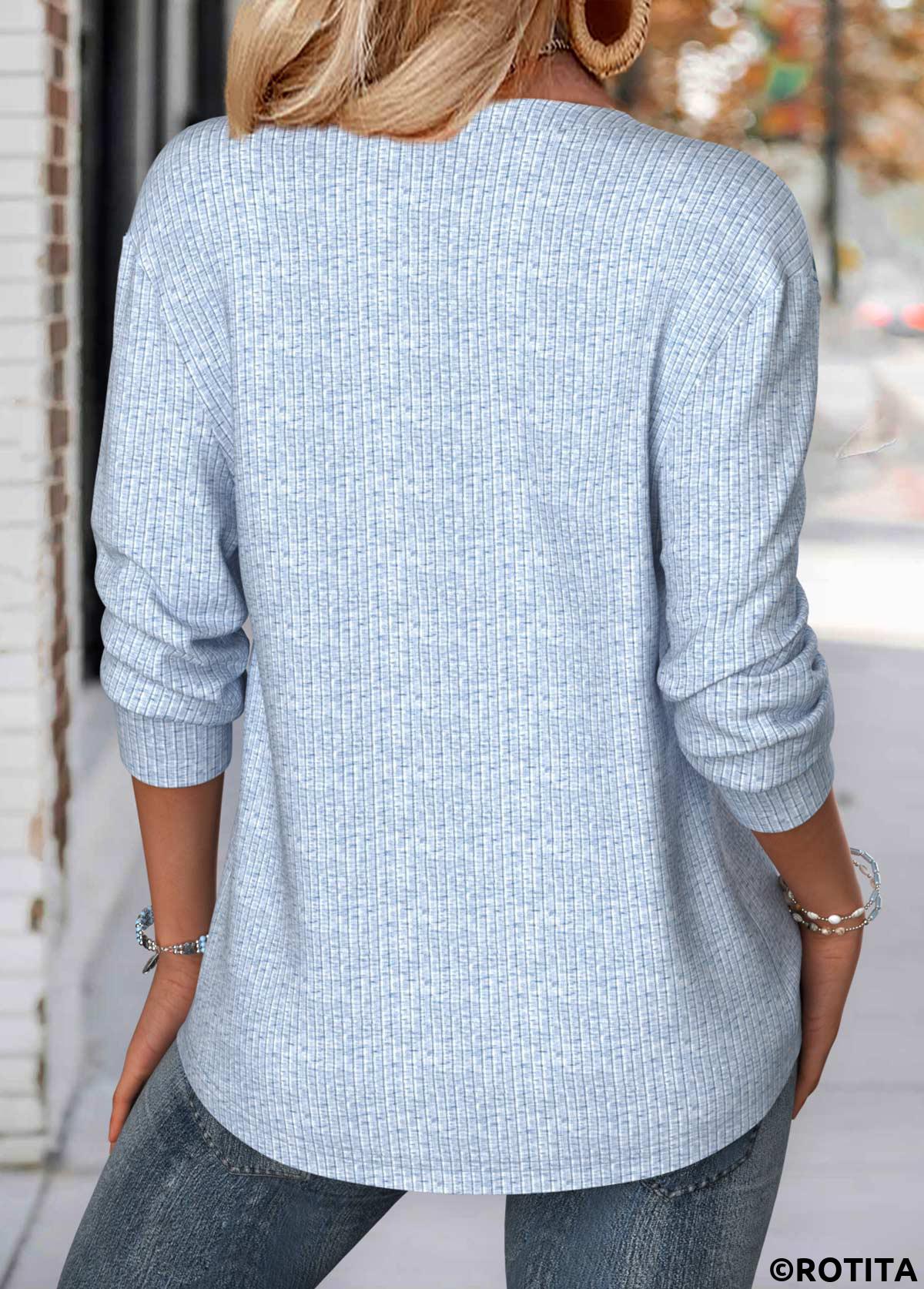 Light Blue tops,Plaid tops,Geometric tops,ROTITA Tummy Coverage Plaid Light Blue Split Neck Sweatshirt