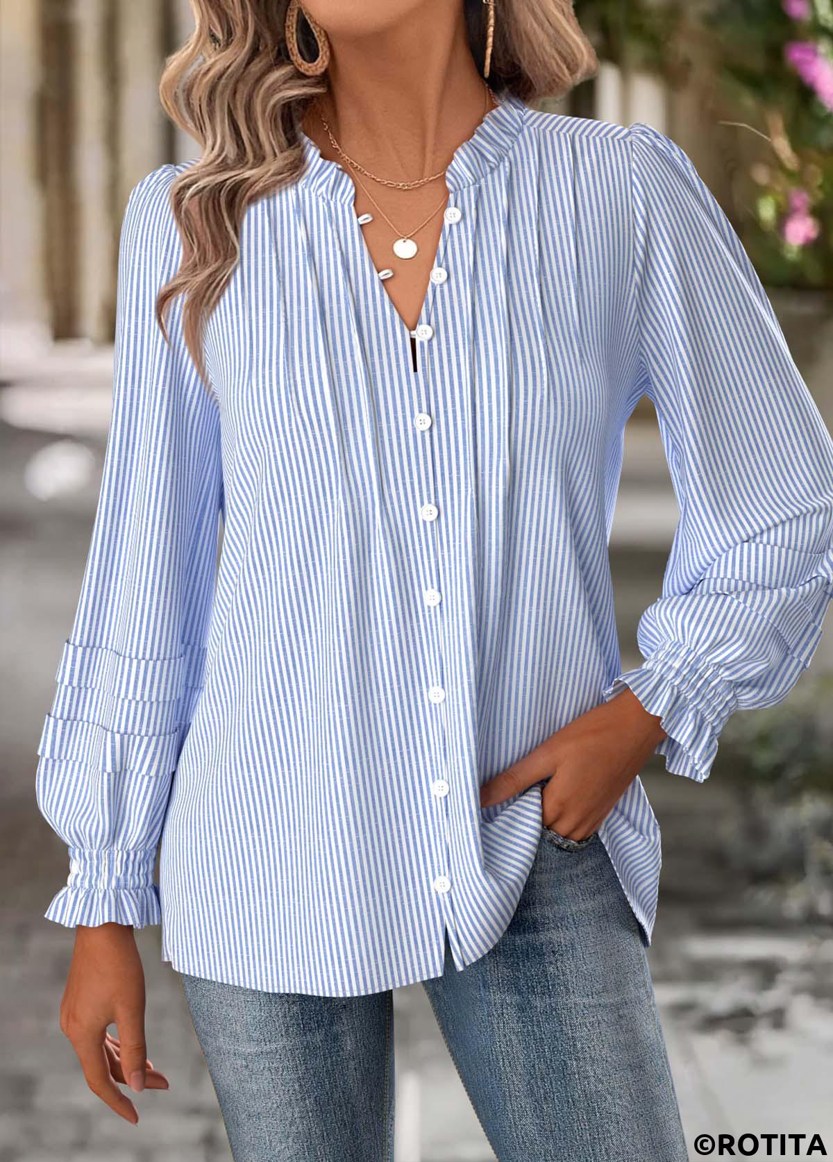 Blue tops,Striped tops,Geometric tops,ROTITA Tummy Coverage Striped Blue Split Neck Long Sleeve Blouse