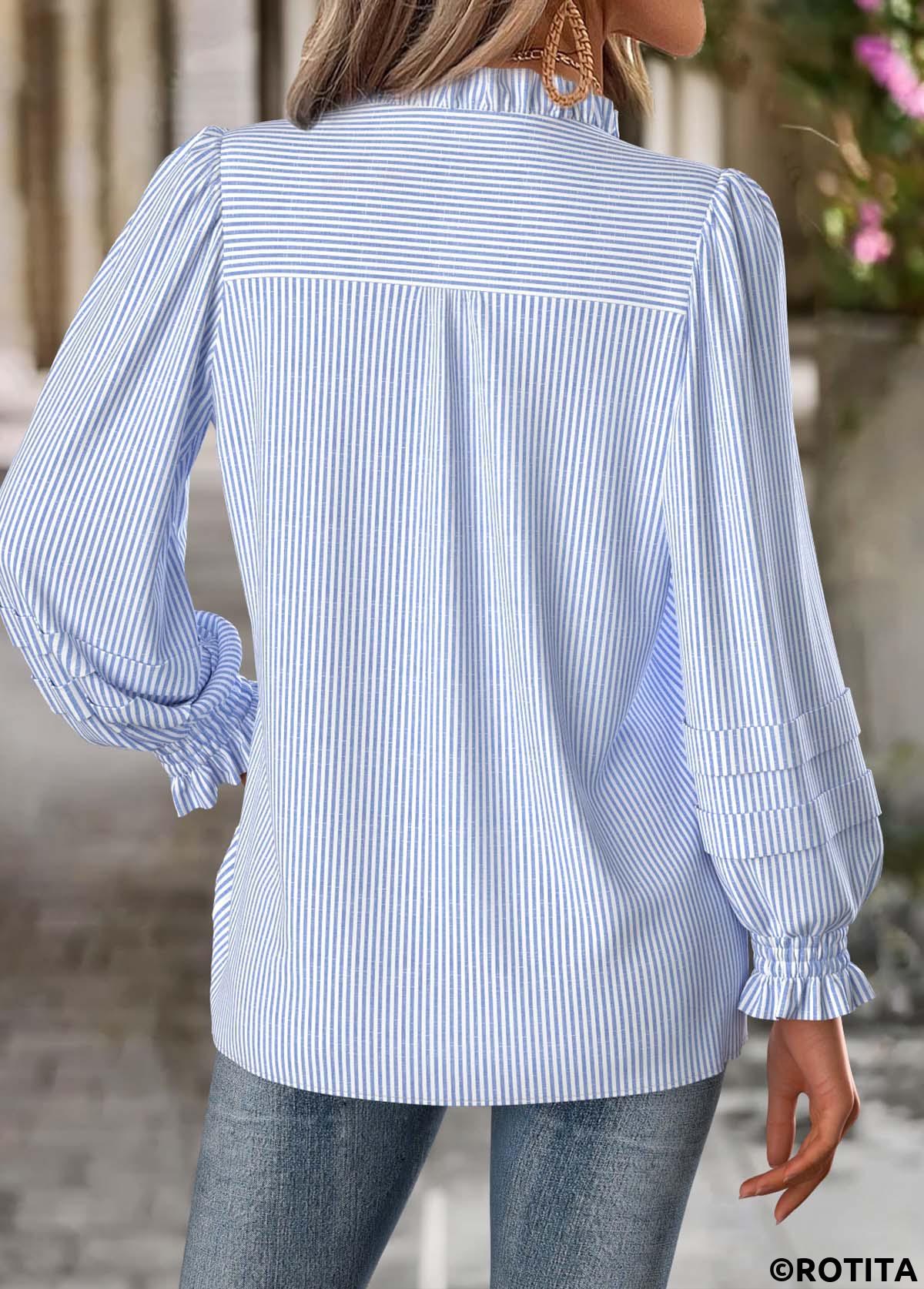 Blue tops,Striped tops,Geometric tops,ROTITA Tummy Coverage Striped Blue Split Neck Long Sleeve Blouse