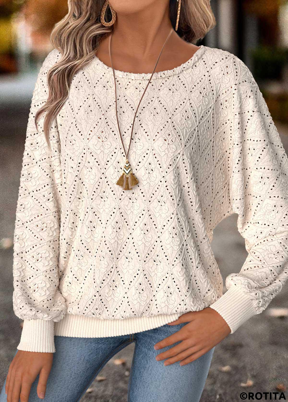 Beige tops,Plain Color tops,ROTITA Tummy Coverage Beige Round Neck Long Sleeve T Shirt