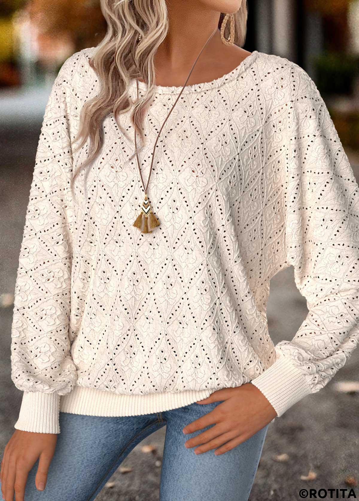 Beige tops,Plain Color tops,ROTITA Tummy Coverage Beige Round Neck Long Sleeve T Shirt