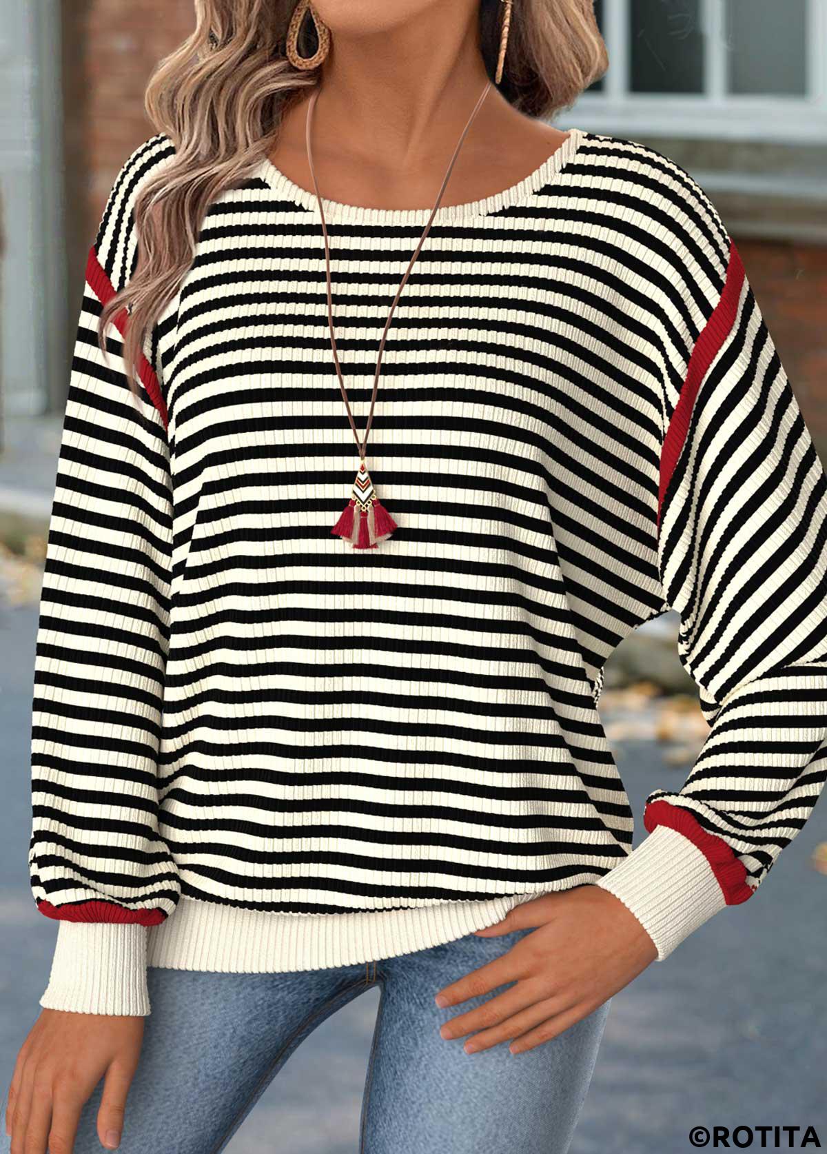 Beige tops,Striped tops,Geometric tops,ROTITA Tummy Coverage Striped Beige Round Neck T Shirt