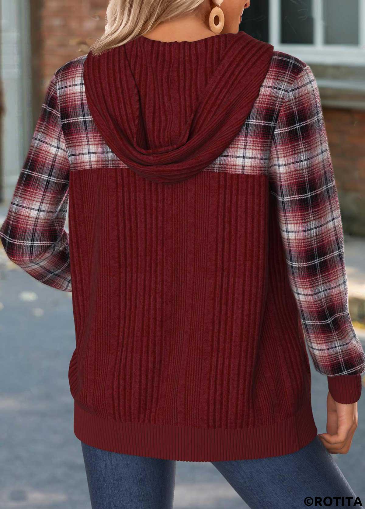 Wine Red tops,Plaid tops,Geometric tops,ROTITA Tummy Coverage Plaid Wine Red Hoodie and Coat