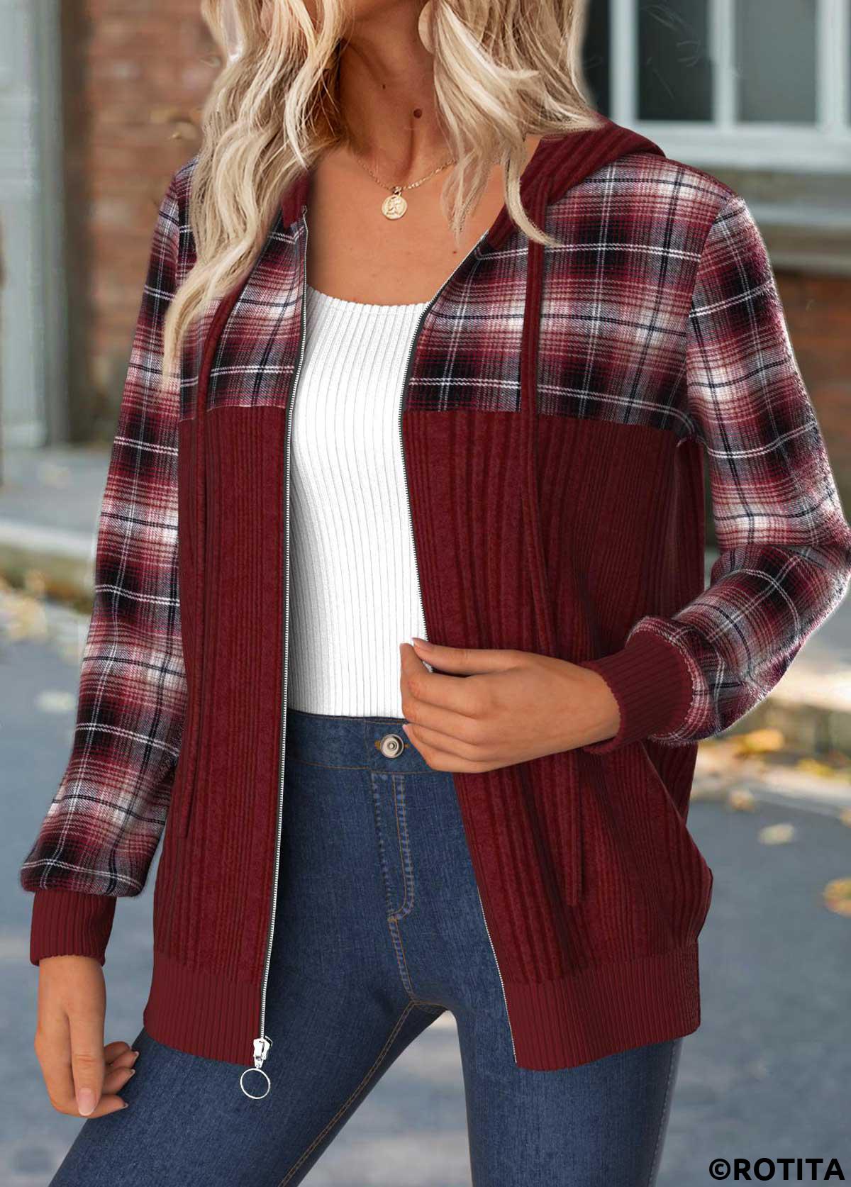 Wine Red tops,Plaid tops,Geometric tops,ROTITA Tummy Coverage Plaid Wine Red Hoodie and Coat