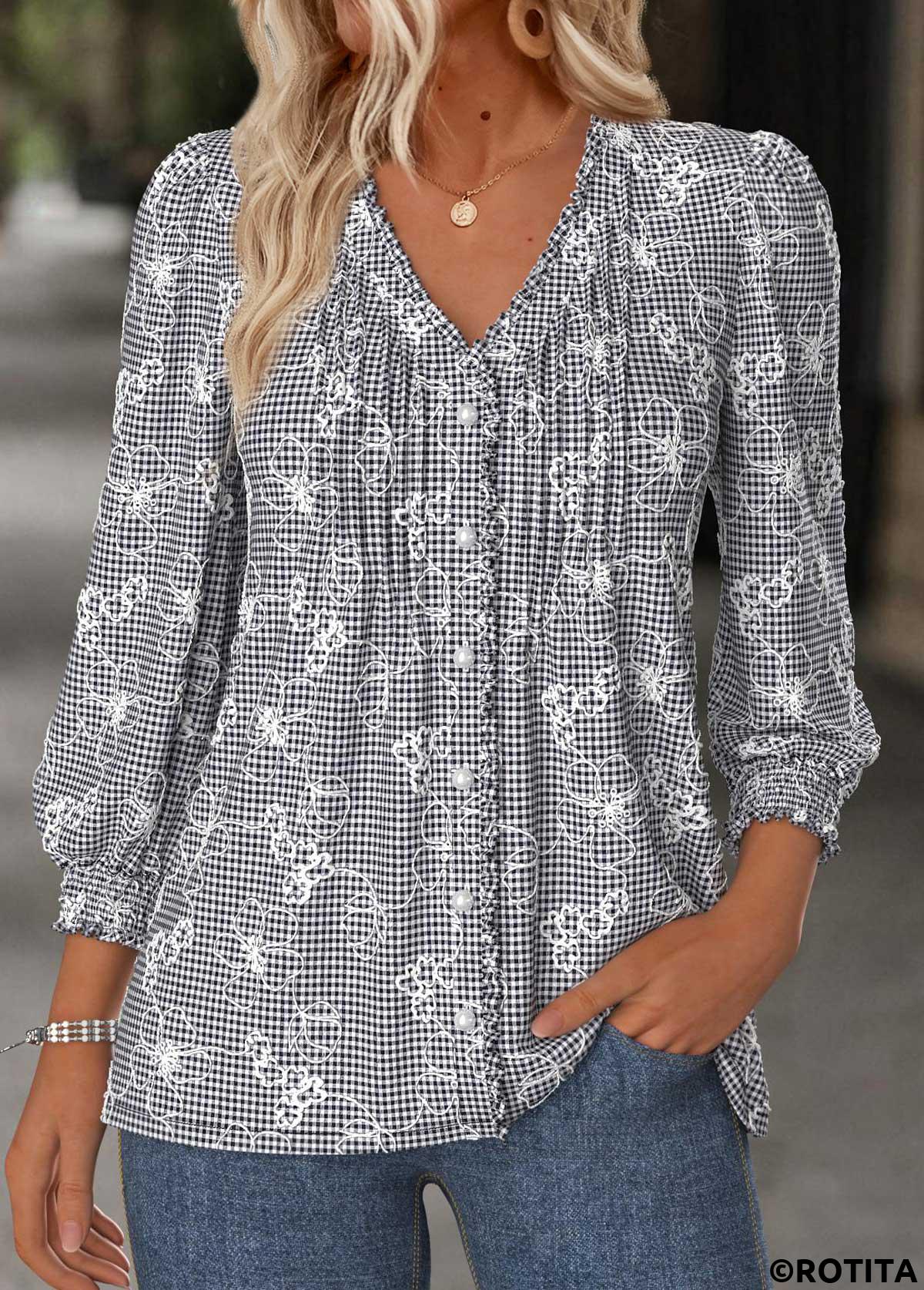 Black tops,Plaid tops,Geometric tops,ROTITA Tummy Coverage Plaid Black V Neck Long Sleeve Blouse