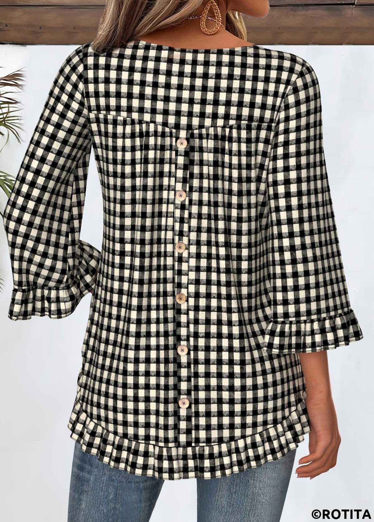 Black tops,Plaid tops,Geometric tops,ROTITA Tummy Coverage Plaid Black Round Neck T Shirt