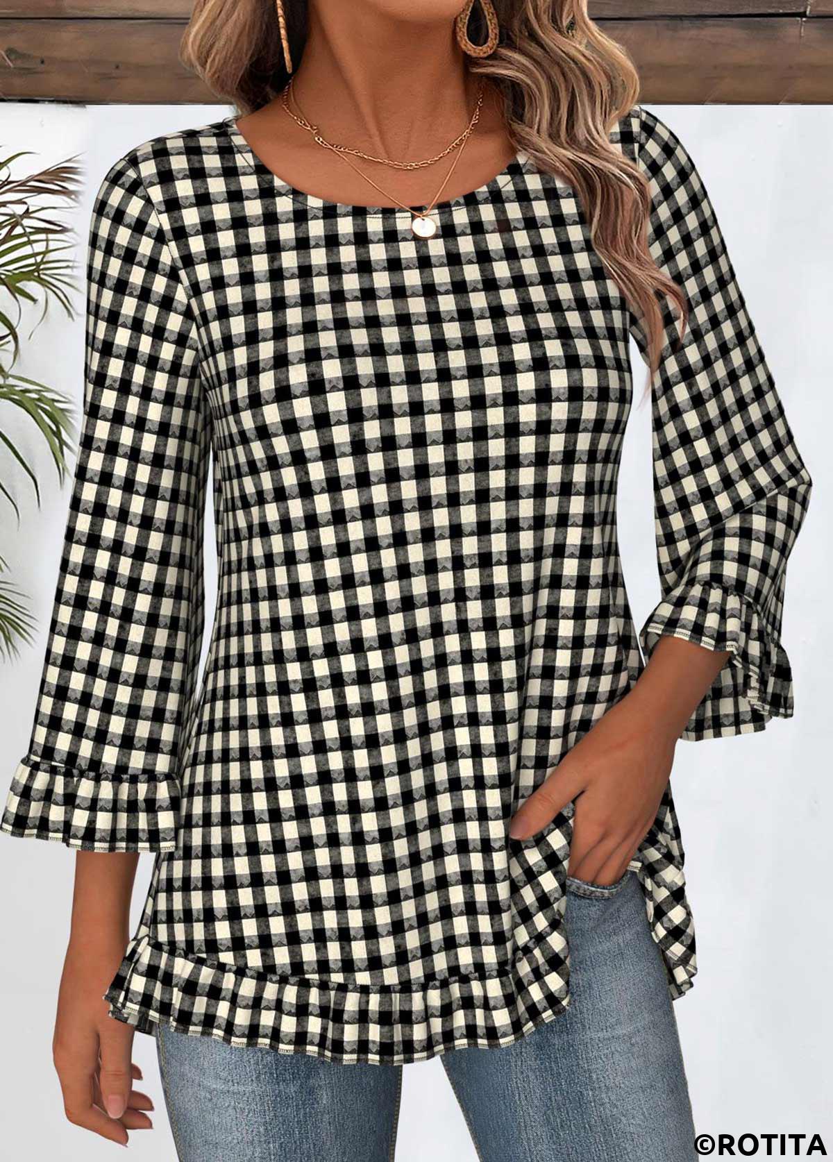 Black tops,Plaid tops,Geometric tops,ROTITA Tummy Coverage Plaid Black Round Neck T Shirt