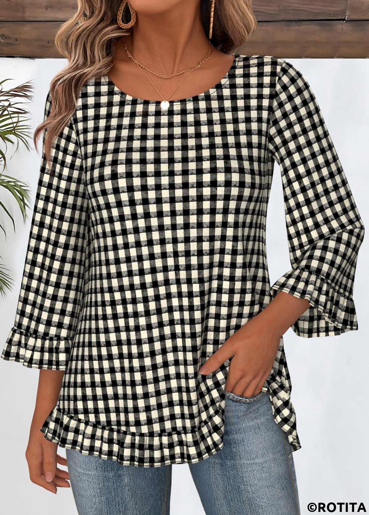 Black tops,Plaid tops,Geometric tops,ROTITA Tummy Coverage Plaid Black Round Neck T Shirt