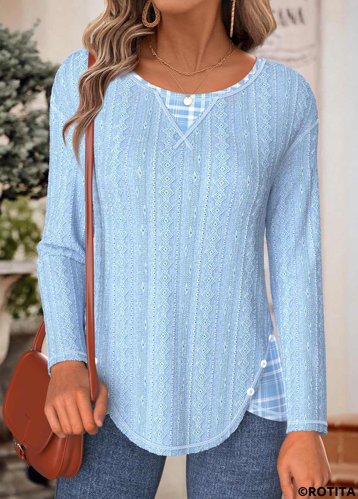 Light Blue tops,Plaid tops,Geometric tops,ROTITA Tummy Coverage Plaid Light Blue Round Neck T Shirt