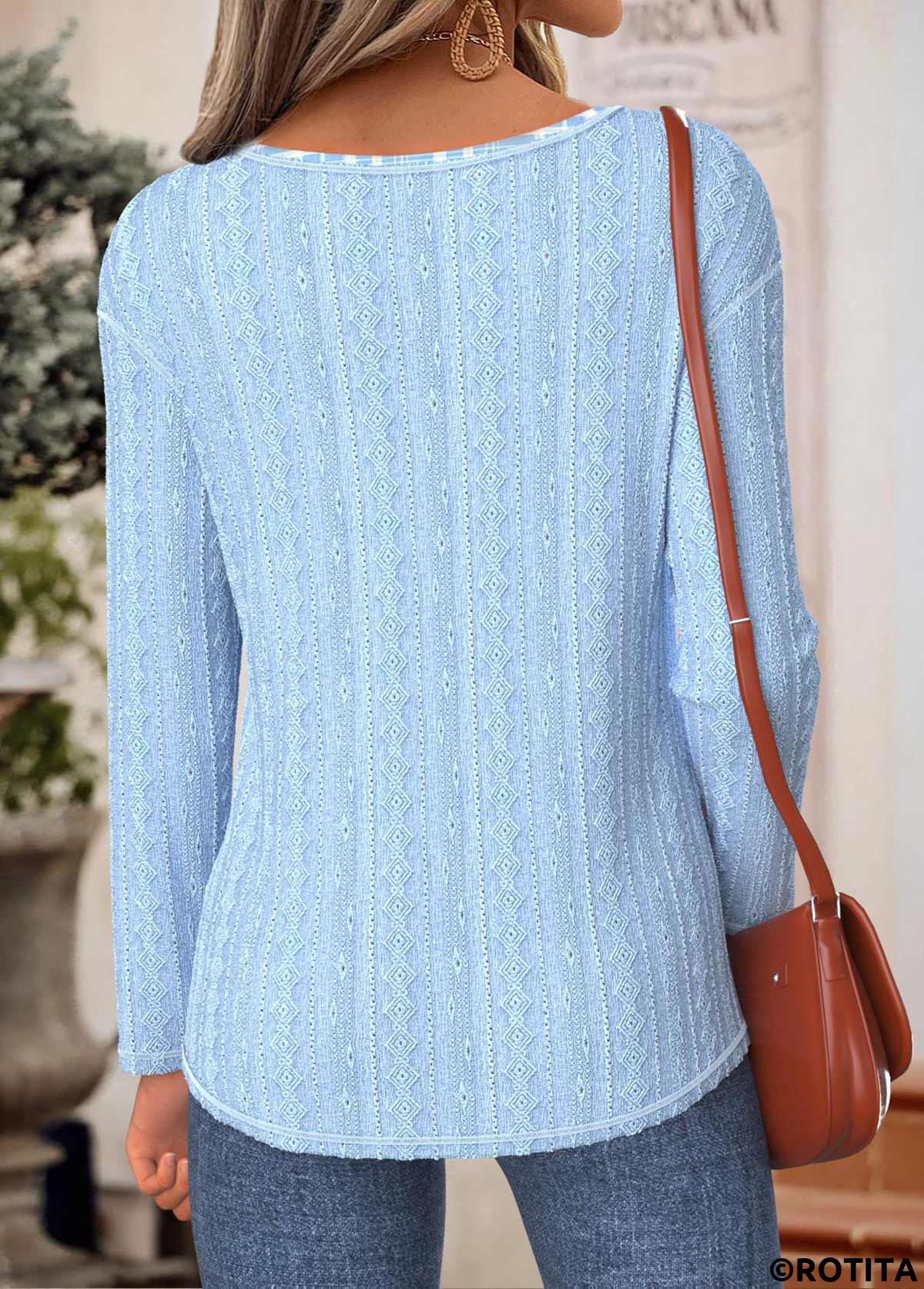 Light Blue tops,Plaid tops,Geometric tops,ROTITA Tummy Coverage Plaid Light Blue Round Neck T Shirt