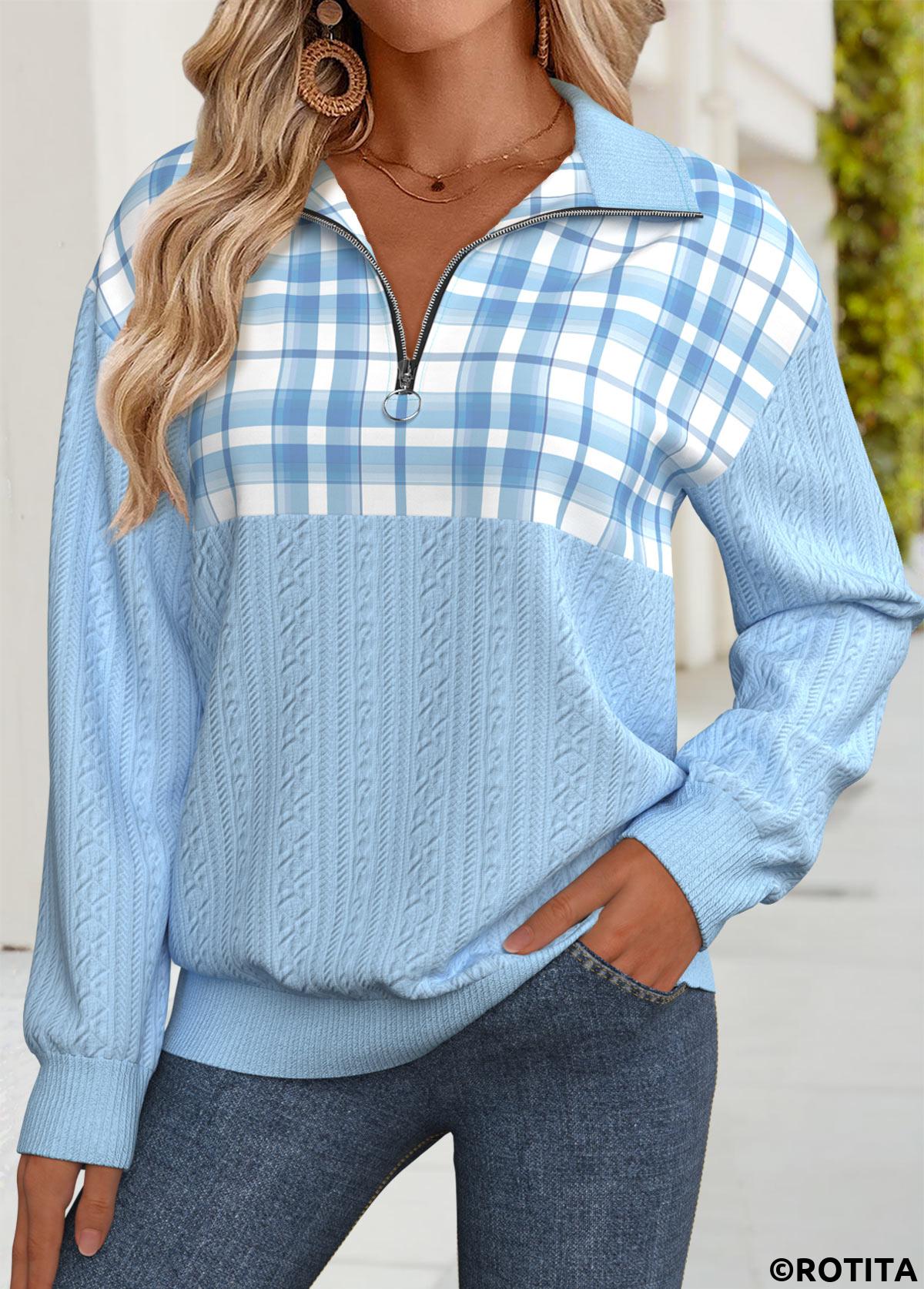 Light Blue tops,Plaid tops,Geometric tops,ROTITA Tummy Coverage Plaid Light Blue Turn Down Collar Sweatshirt
