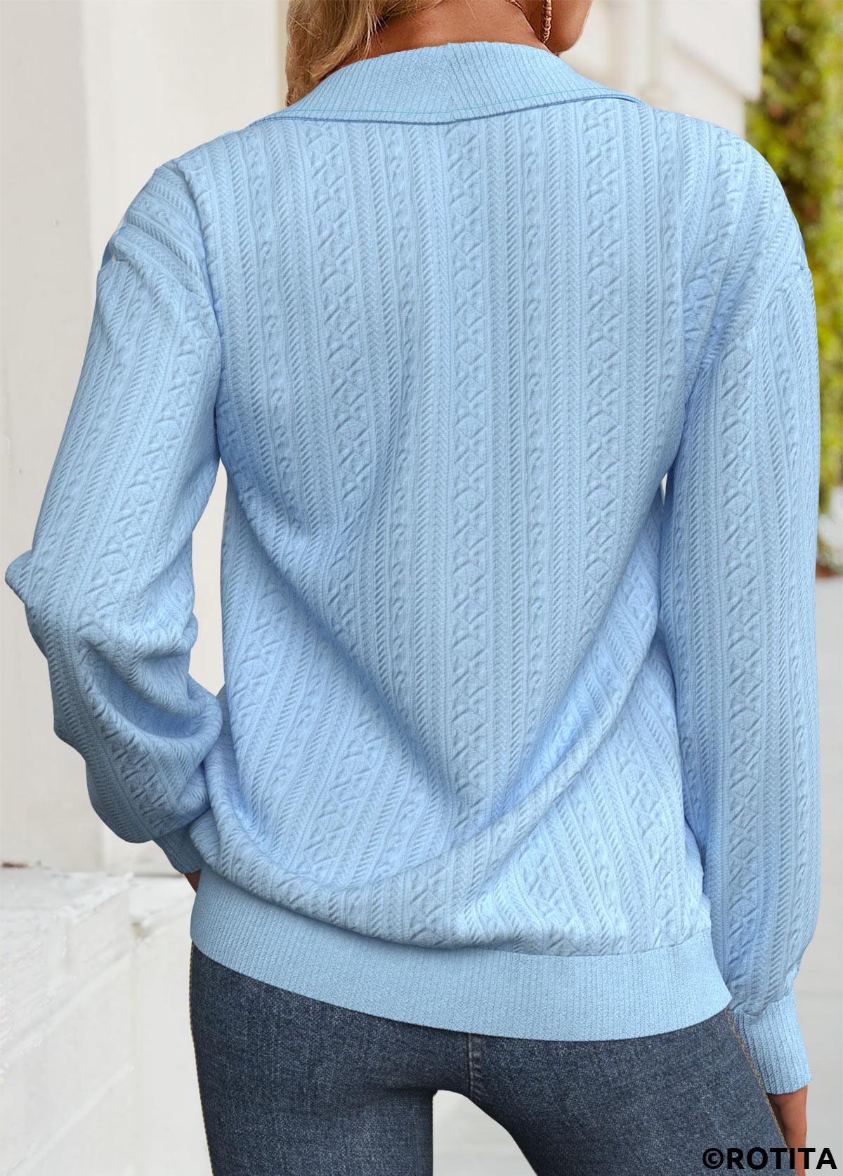 Light Blue tops,Plaid tops,Geometric tops,ROTITA Tummy Coverage Plaid Light Blue Turn Down Collar Sweatshirt