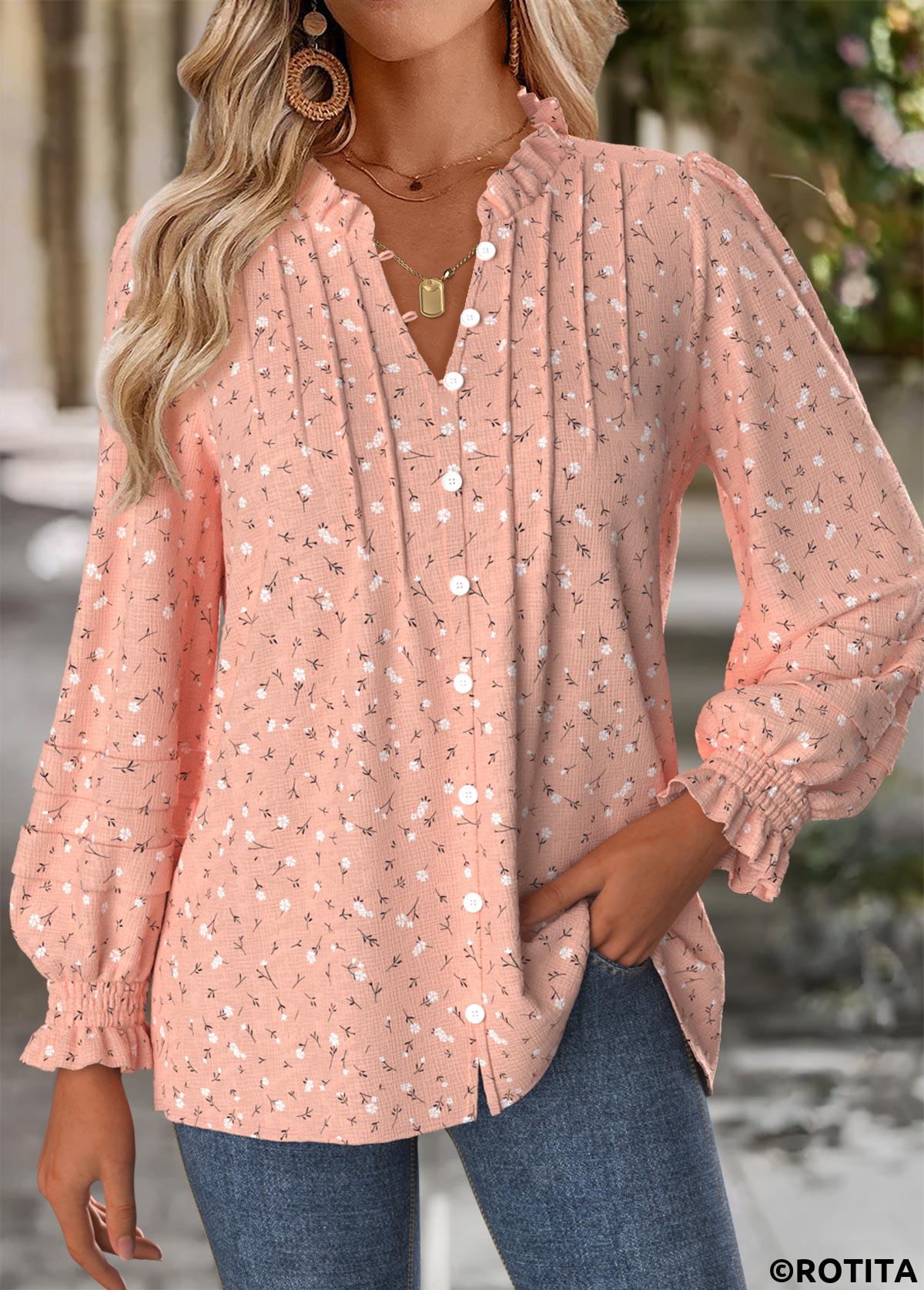 Pink tops,Floral tops,Plants tops,ROTITA Tummy Coverage Floral Print Pink Split Neck Blouse