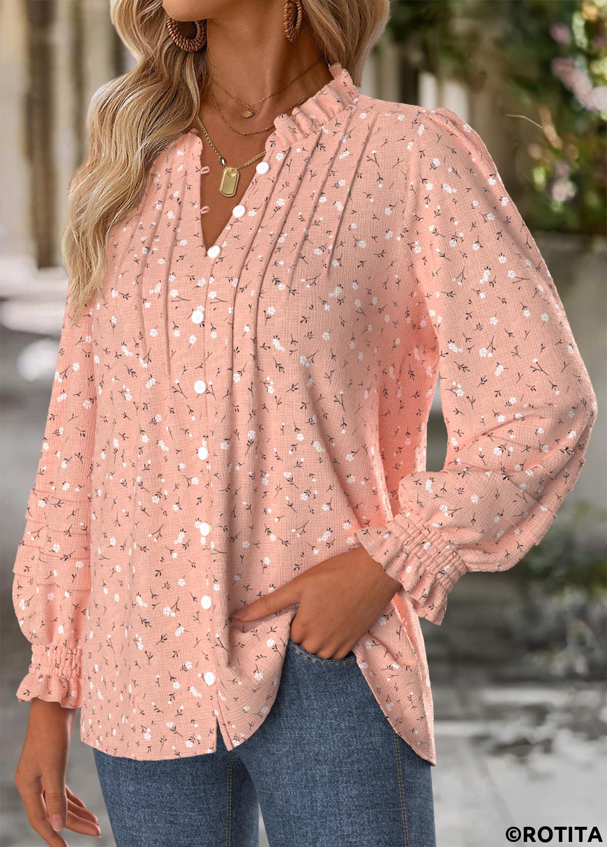 Pink tops,Floral tops,Plants tops,ROTITA Tummy Coverage Floral Print Pink Split Neck Blouse