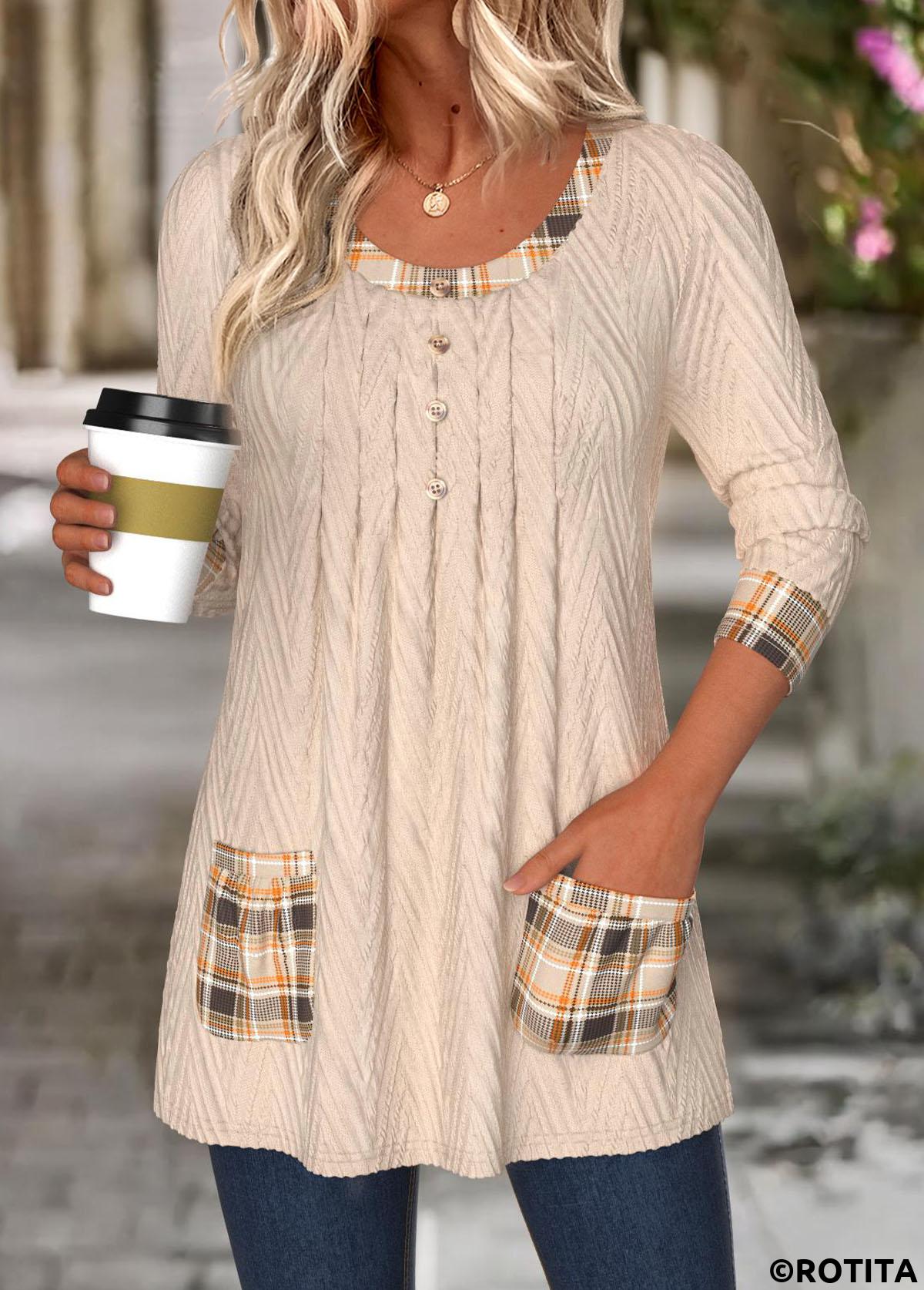 Light Camel tops,Plaid tops,Geometric tops,ROTITA Tummy Coverage Plaid Light Camel Round Neck T Shirt