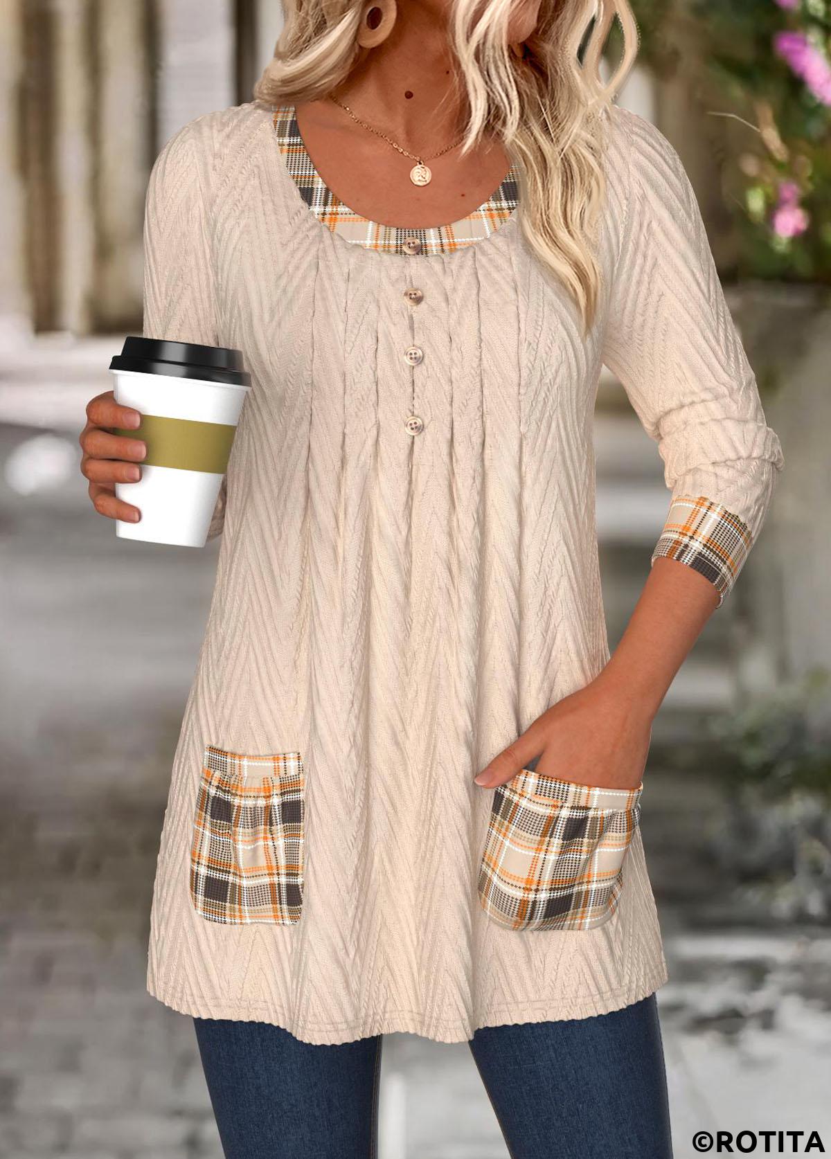 Light Camel tops,Plaid tops,Geometric tops,ROTITA Tummy Coverage Plaid Light Camel Round Neck T Shirt