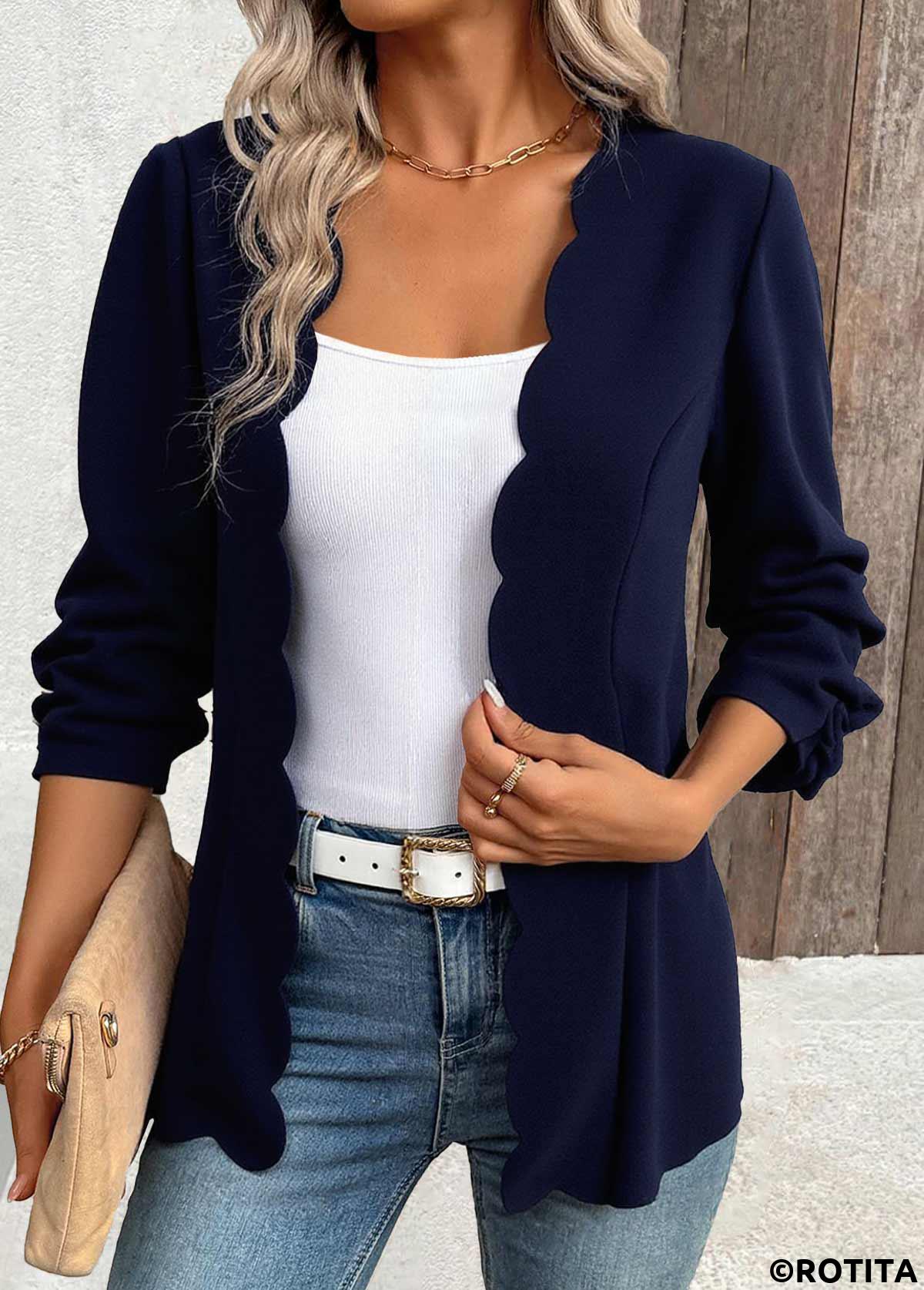 Navy tops,Plain Color tops,ROTITA Scalloped Hem Navy 3/4 Sleeve Light Cardigan