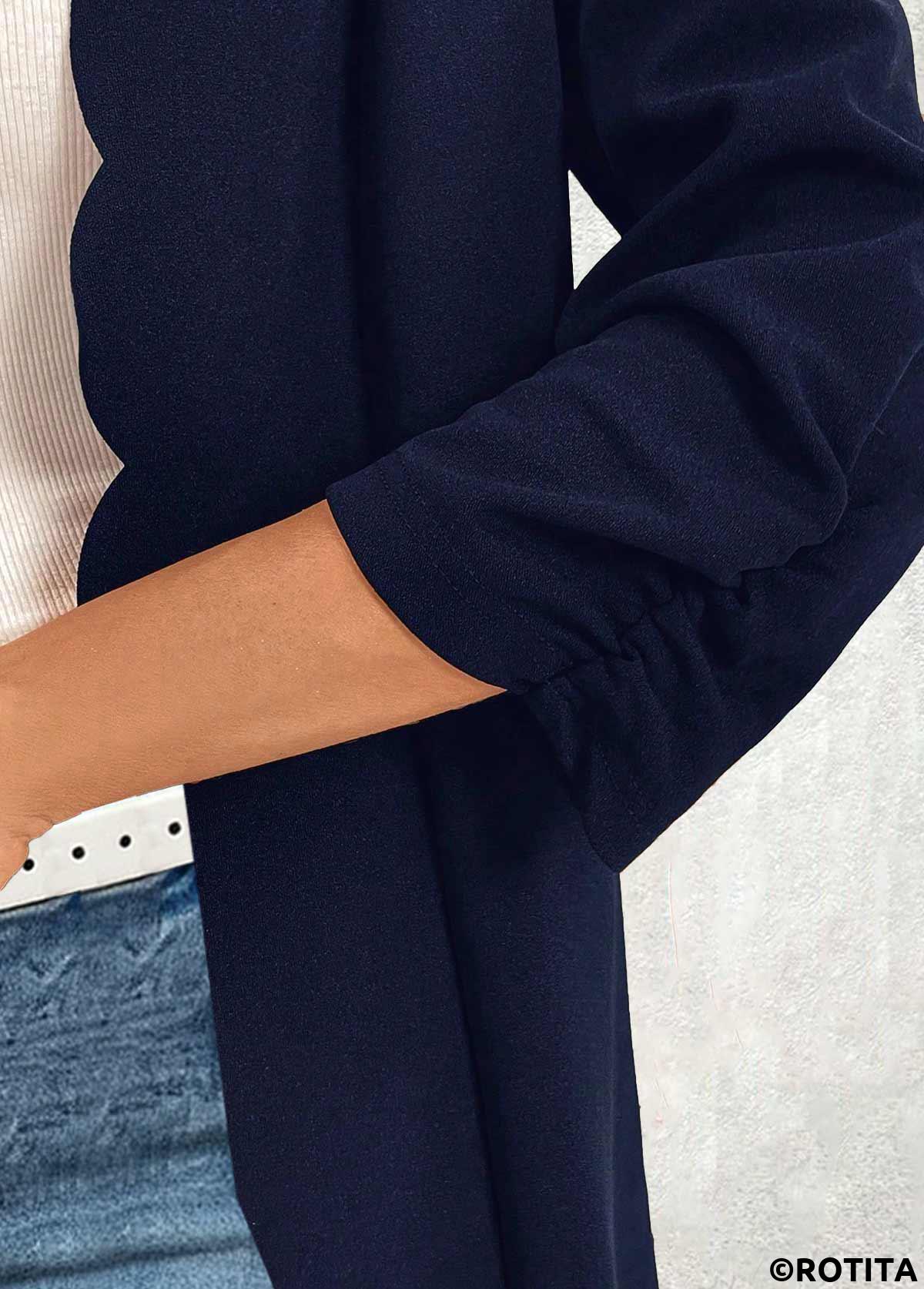 Navy tops,Plain Color tops,ROTITA Scalloped Hem Navy 3/4 Sleeve Light Cardigan