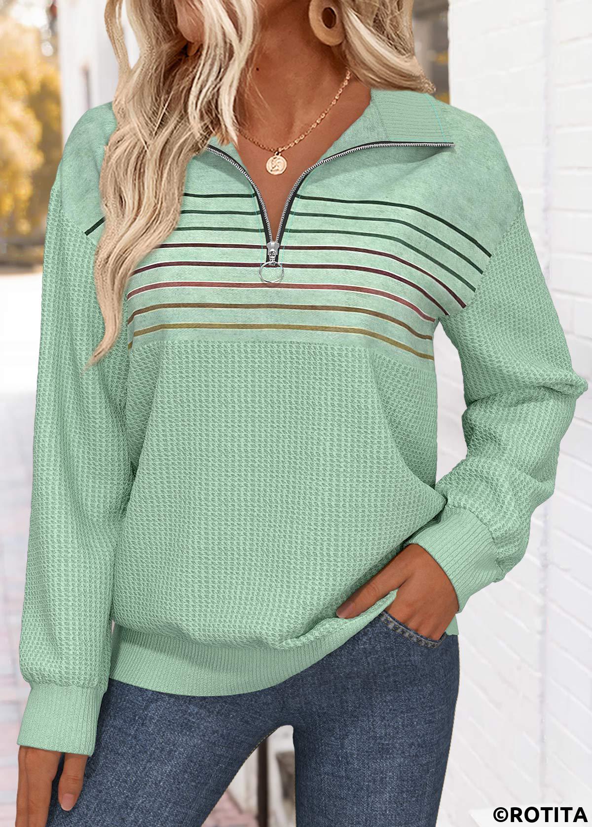 Sage Green tops,Striped tops,Geometric tops,ROTITA Tummy Coverage Striped Sage Green Turn Down Collar Sweatshirt
