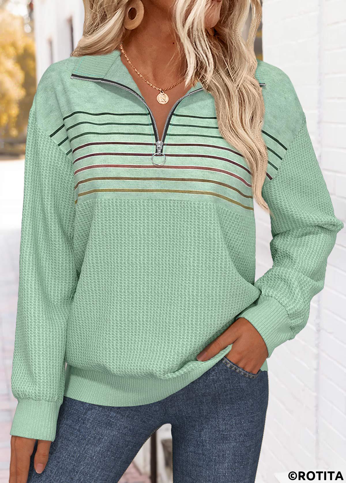 Sage Green tops,Striped tops,Geometric tops,ROTITA Tummy Coverage Striped Sage Green Turn Down Collar Sweatshirt