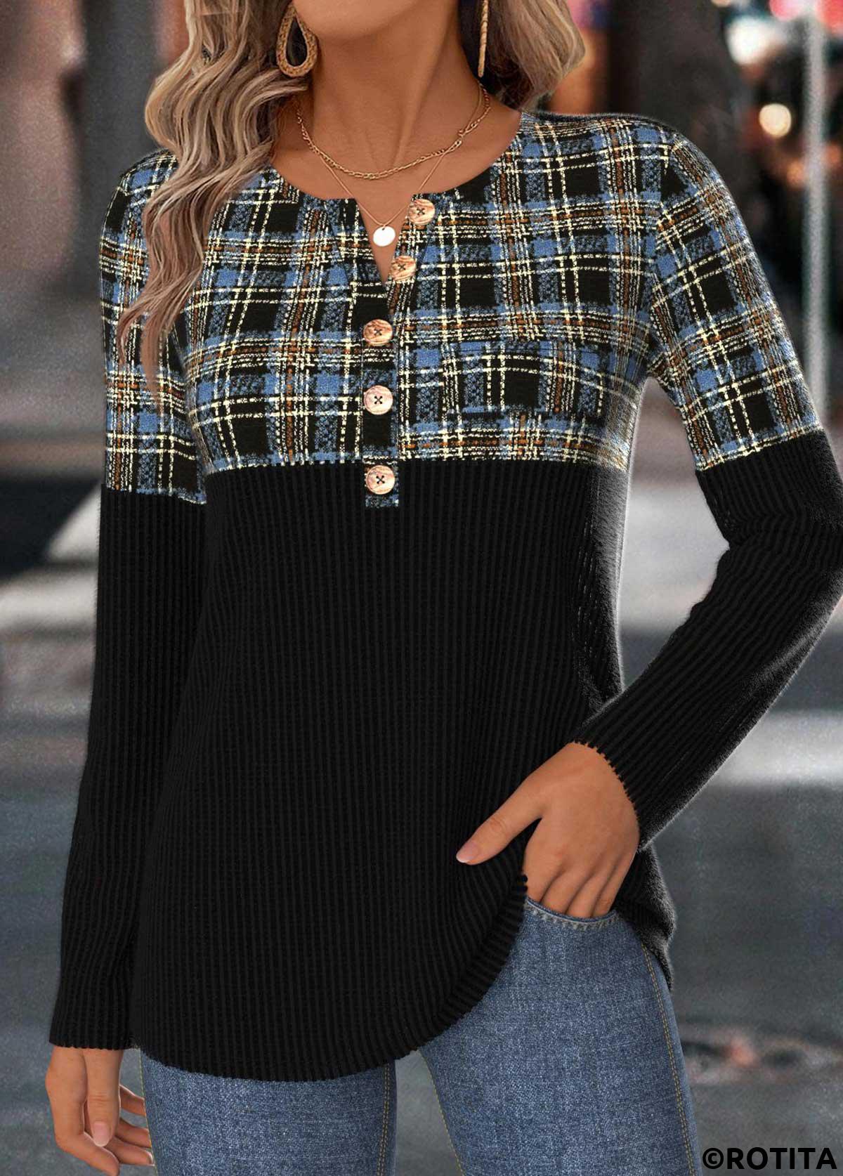 Black tops,Plaid tops,Geometric tops,ROTITA Tummy Coverage Plaid Black Split Neck T Shirt