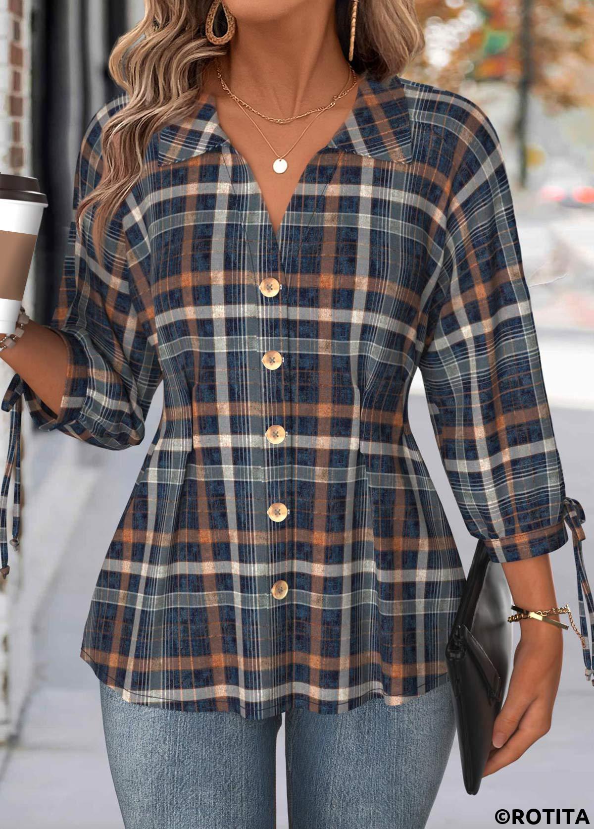 Multi Color tops,Plaid tops,Geometric tops,ROTITA Tummy Coverage Plaid Multi Color Turn Down Collar Blouse