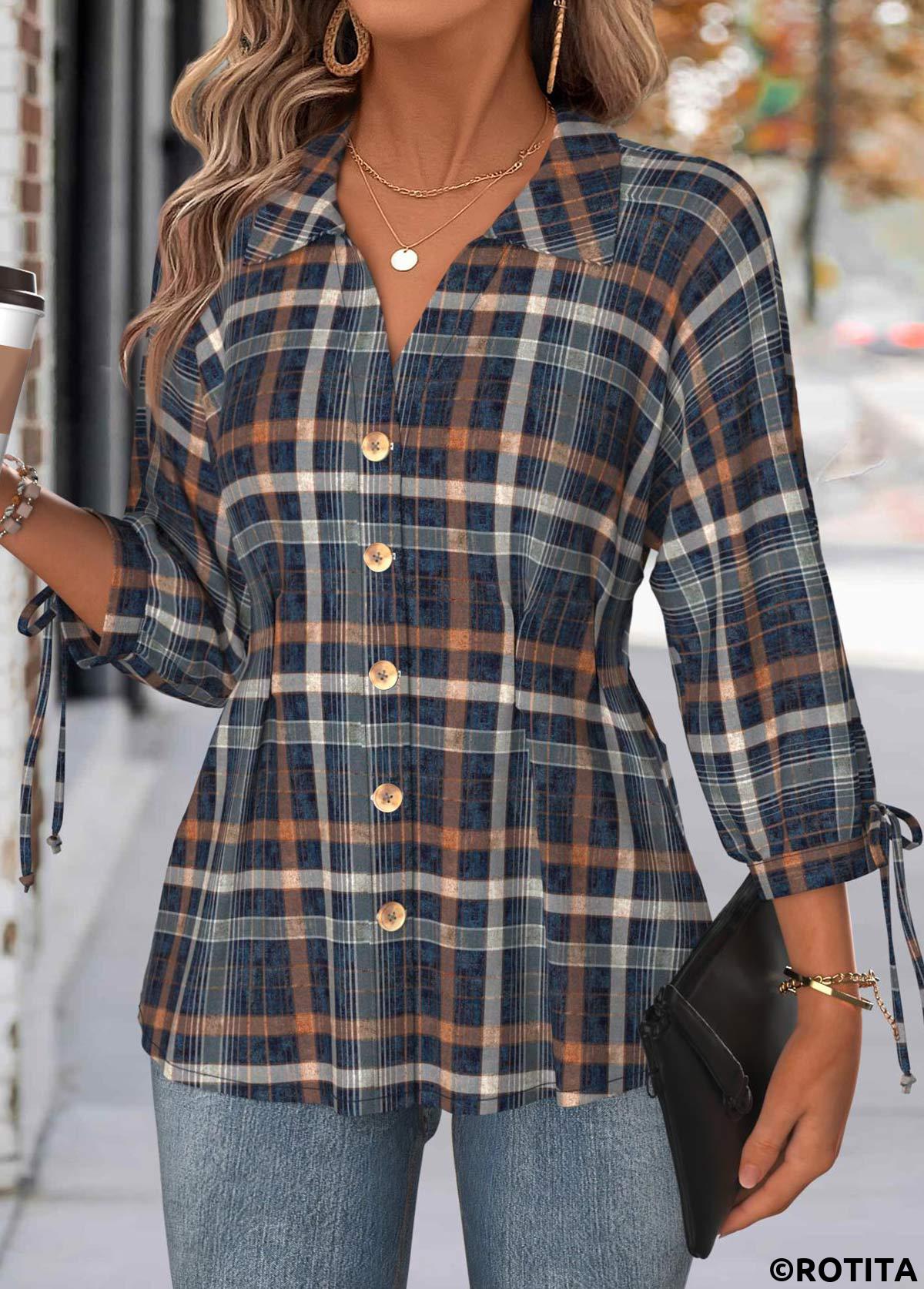 Multi Color tops,Plaid tops,Geometric tops,ROTITA Tummy Coverage Plaid Multi Color Turn Down Collar Blouse