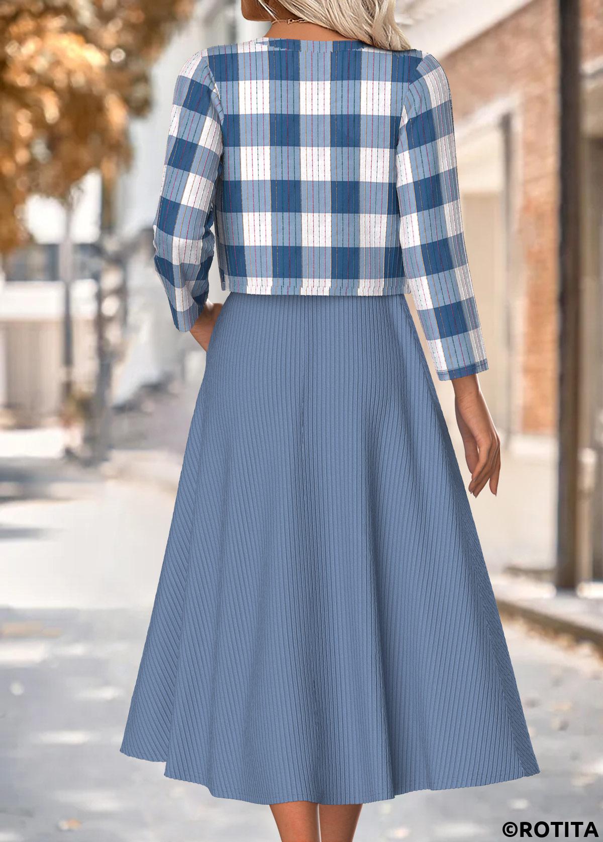 Dusty Blue dresses,Plaid dresses,Geometric dresses,Everyday dresses,Casual dresses,ROTITA Tummy Coverage Plaid Dusty Blue Dress and Cardigan