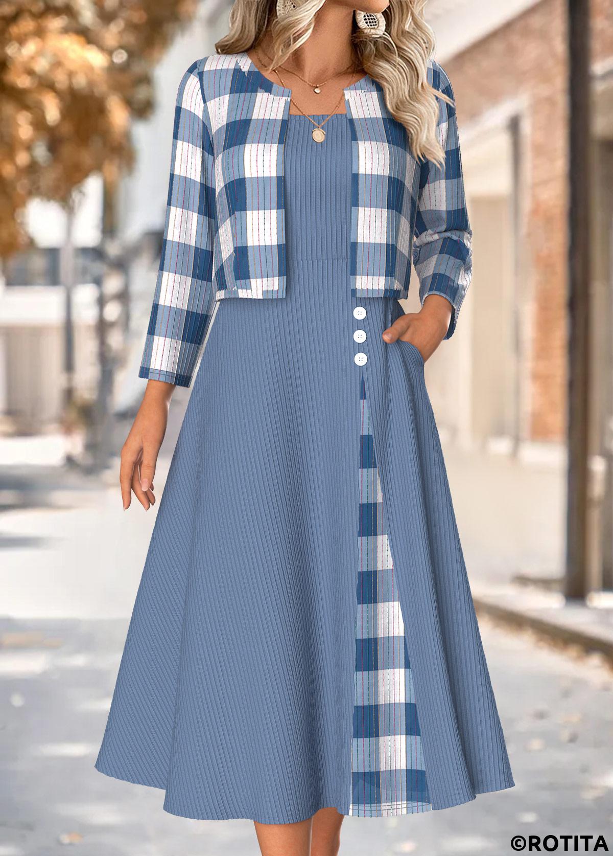 Dusty Blue dresses,Plaid dresses,Geometric dresses,Everyday dresses,Casual dresses,ROTITA Tummy Coverage Plaid Dusty Blue Dress and Cardigan