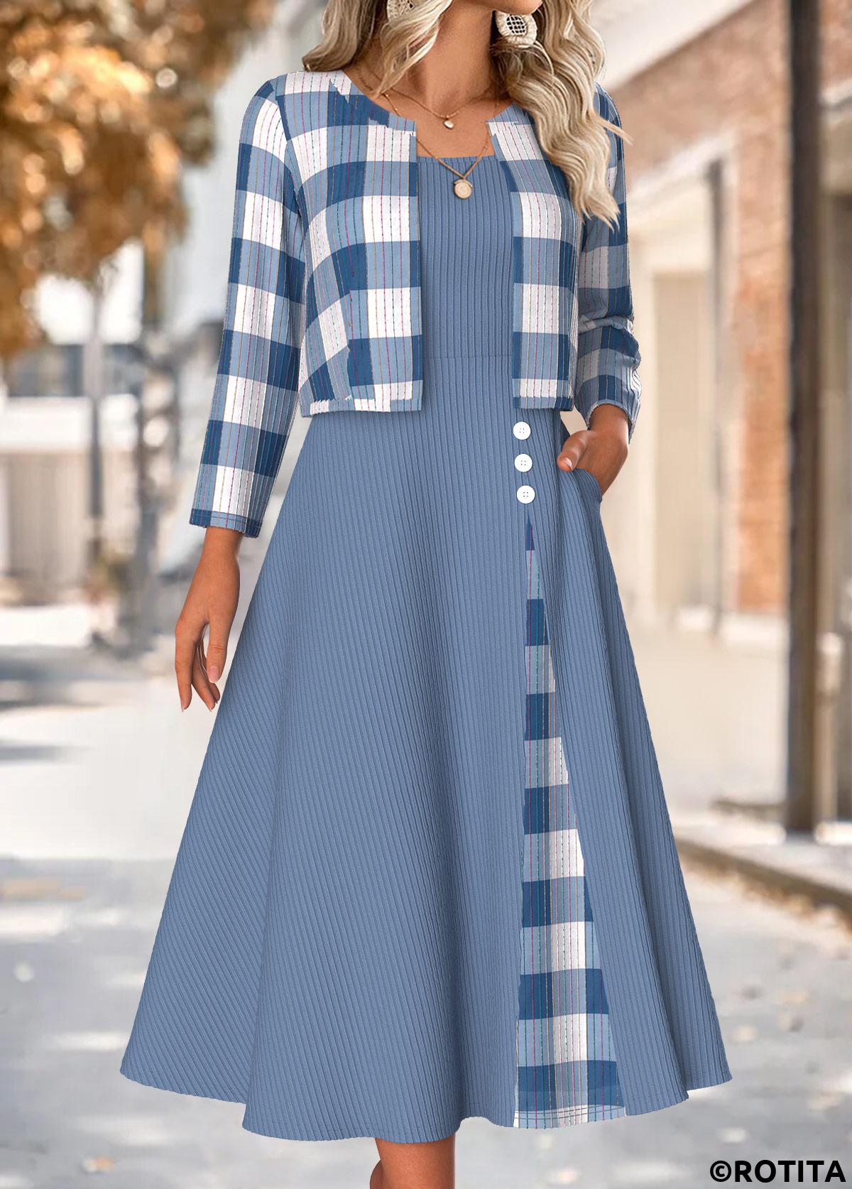 Dusty Blue dresses,Plaid dresses,Geometric dresses,Everyday dresses,Casual dresses,ROTITA Tummy Coverage Plaid Dusty Blue Dress and Cardigan