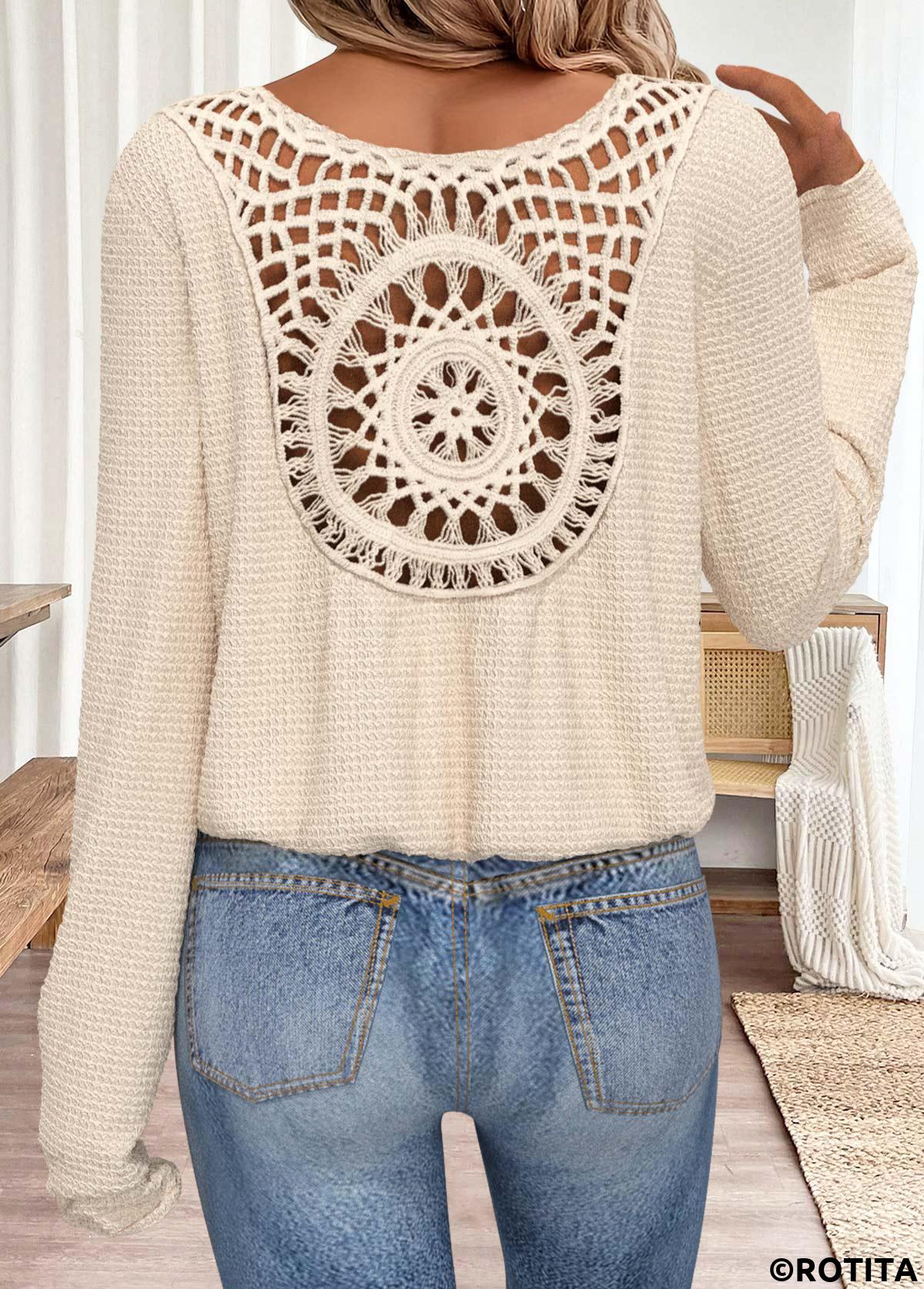 Beige tops,Plain Color tops,ROTITA Tummy Coverage Beige V Neck Long Sleeve T Shirt